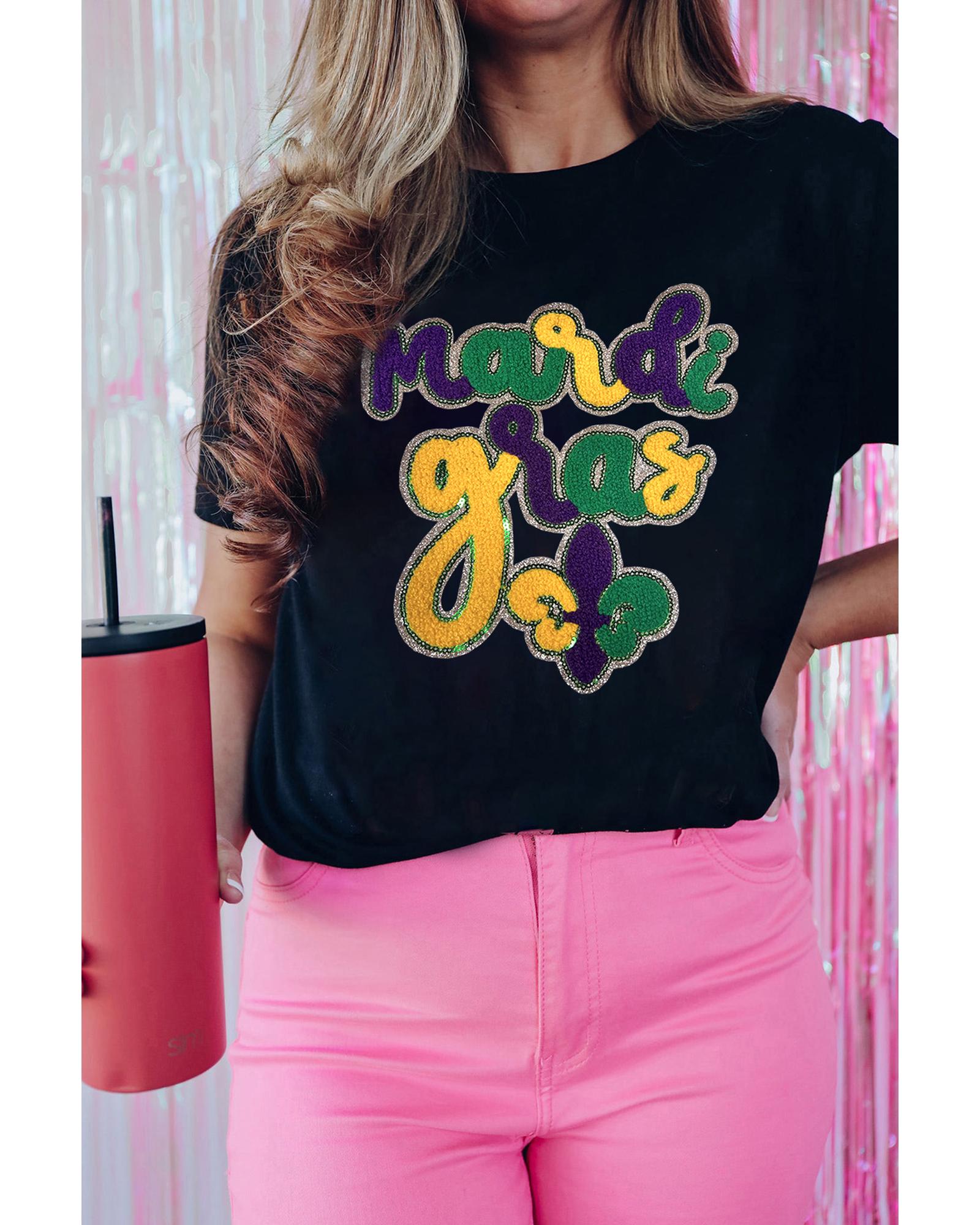 V539-AZEXDC25228046-2-XL-202508271420-00 Black Chenille Mardi Gras Letter Graphic Tee - XL - Image 1