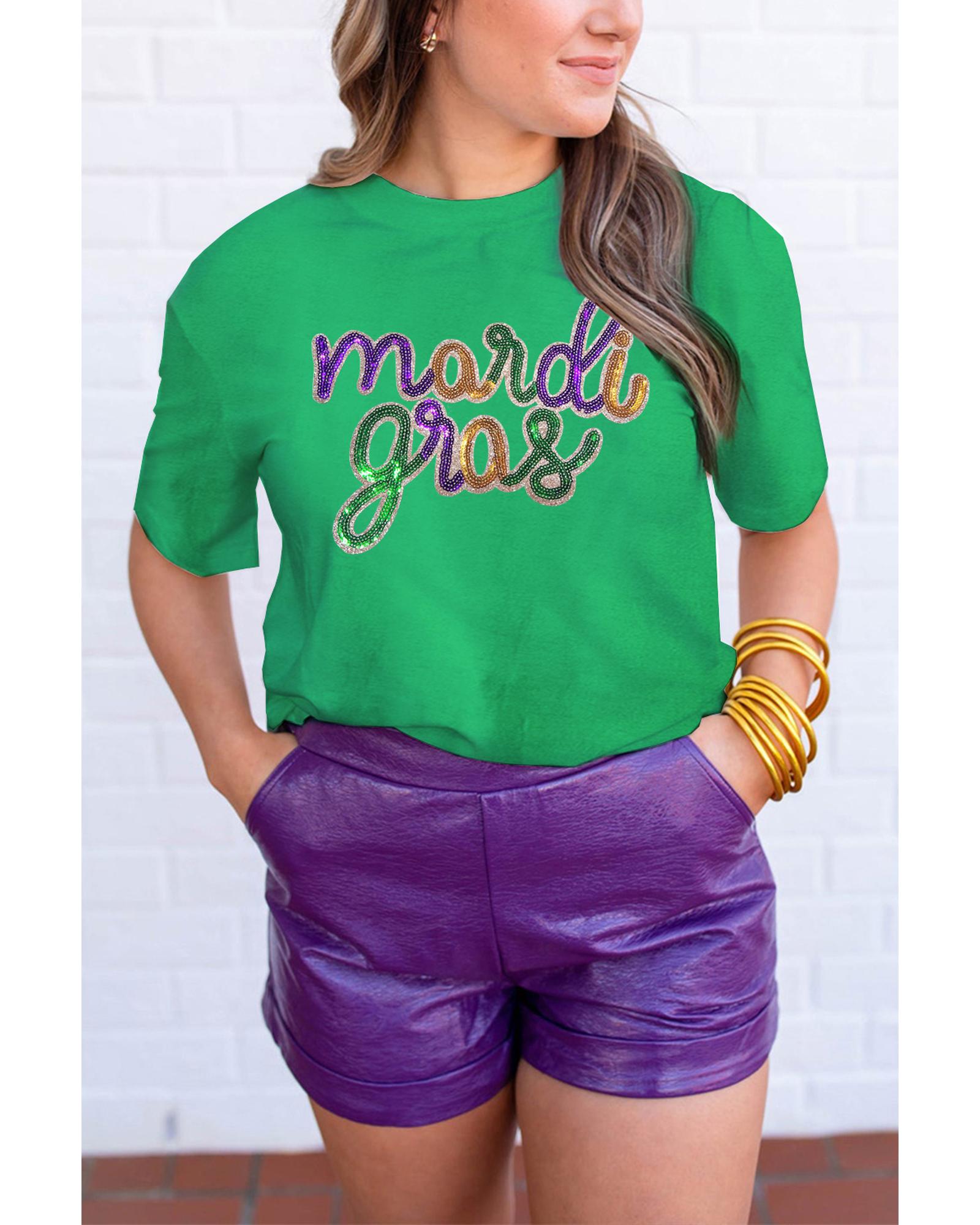 V539-AZEXDC25228047-P109-S-202508270630-00 Bright Green Sequin mardi gras Graphic T Shirt - S - Image 1
