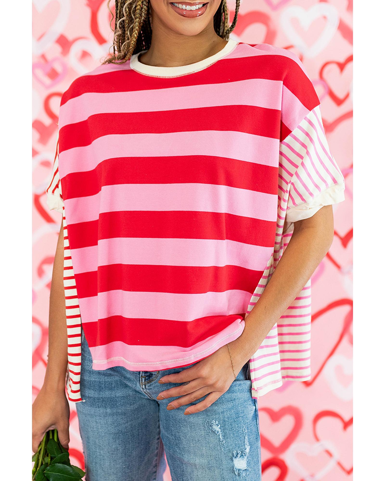 V539-AZEXDC25228118-P1019-S-202506130101-00 Pink Stripe Patchwork Round Neck Side Split Loose T Shirt - S - Image 1