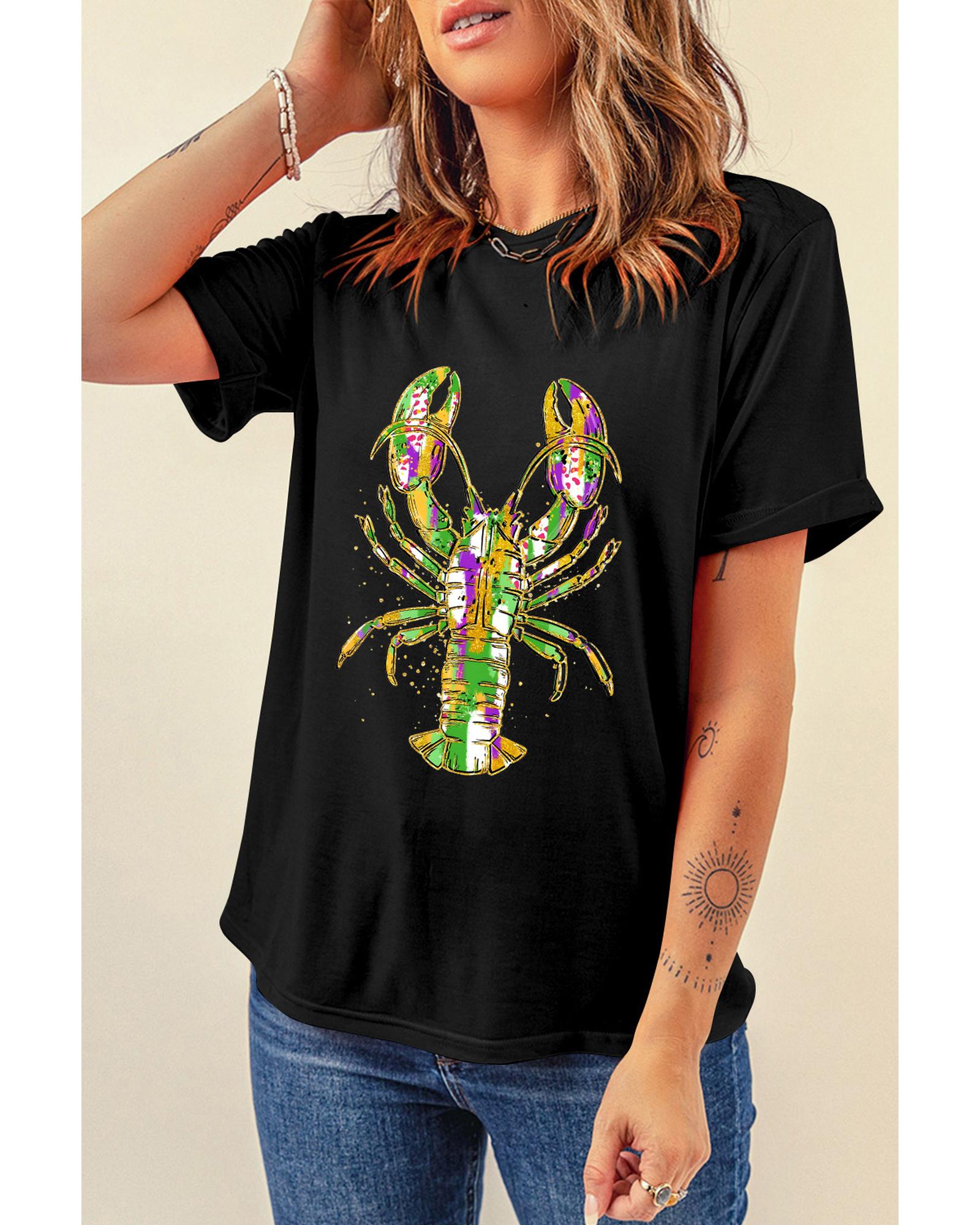V539-AZEXDC25228175-2-M-202508292325-00 Black Mardi Gras Lobster Heat Transfer Graphic T Shirt - M - Image 1