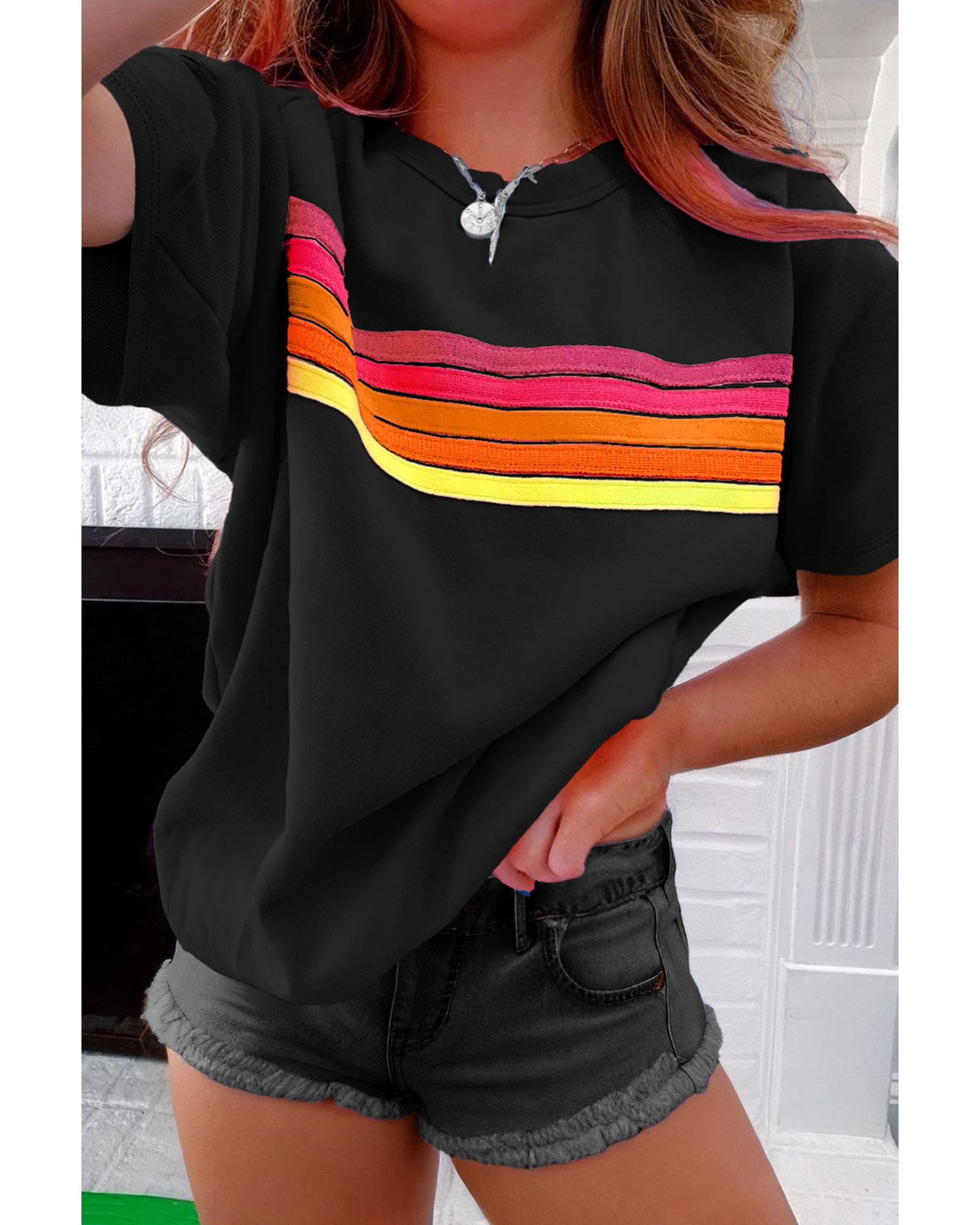 V539-AZEXDC25228201-P2-L-202508300230-00 Black Striped Patch Front Casual Tee - L - Image 1