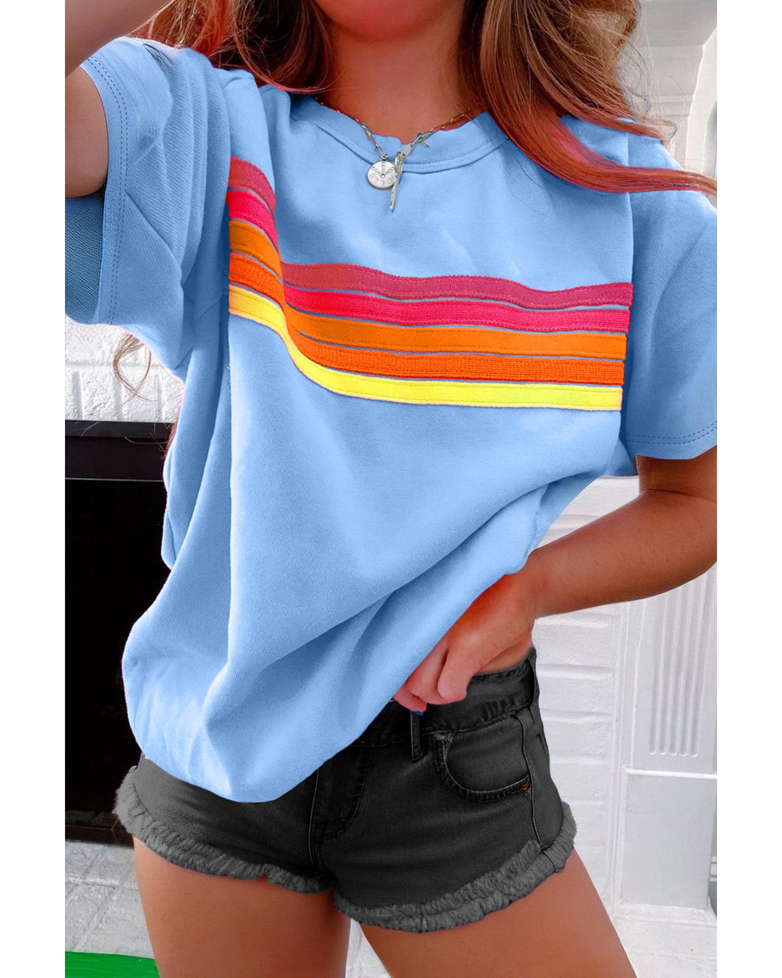 V539-AZEXDC25228201-P804-2XL-202508282335-00 Beau Blue Striped Patch Front Casual Tee - 2XL - Image 1