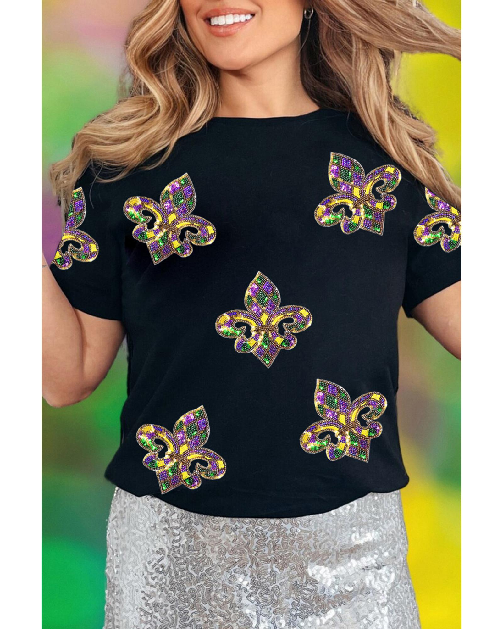 V539-AZEXDC25228259-2-M-202508281055-00 Black Maid Gras Sequin Fleur de Lis Graphic T Shirt - M - Image 1
