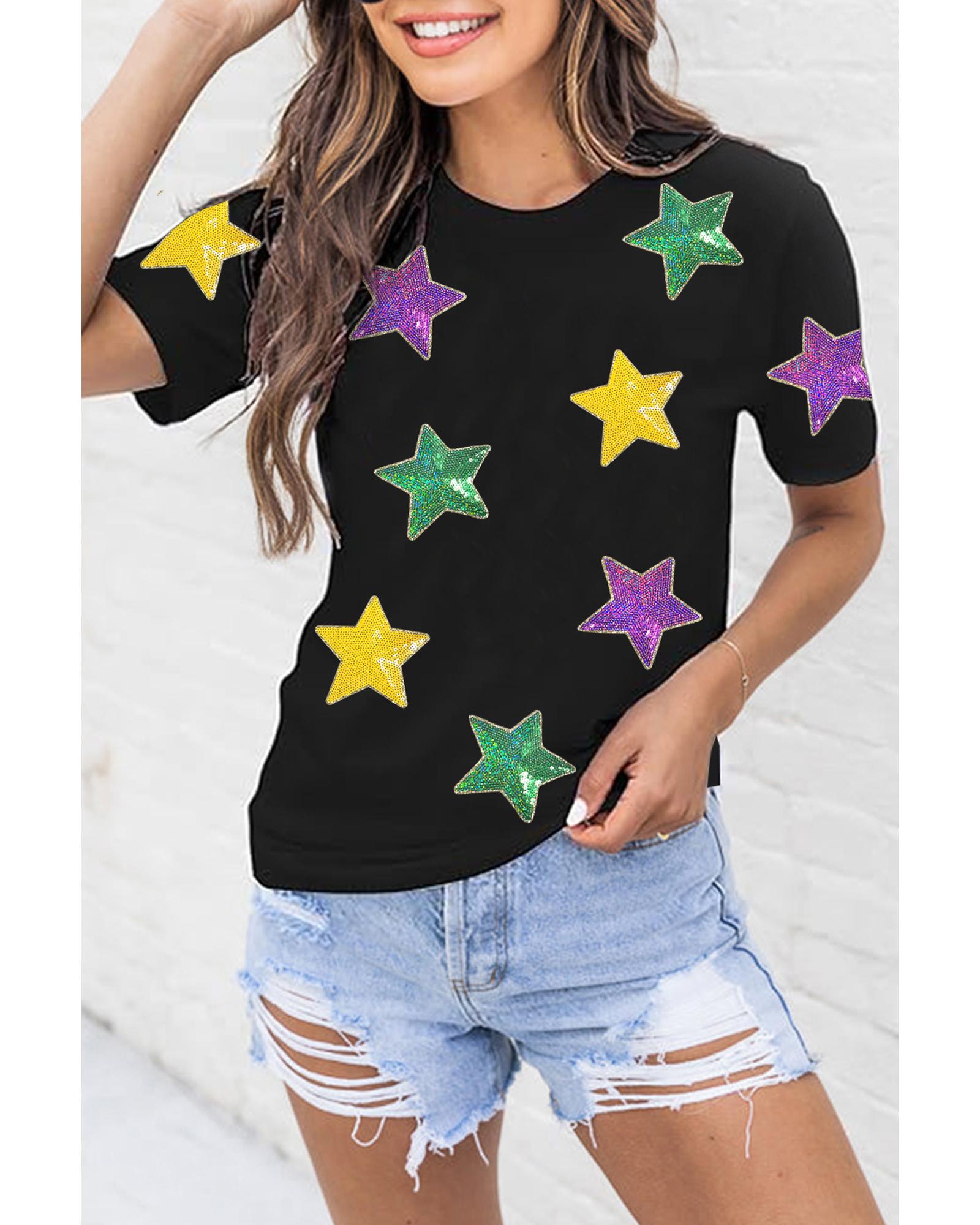 V539-AZEXDC25228263-2-L-202508291910-00 Black Colorful Sequin Stars Patched Relaxed T Shirt - L - Image 1