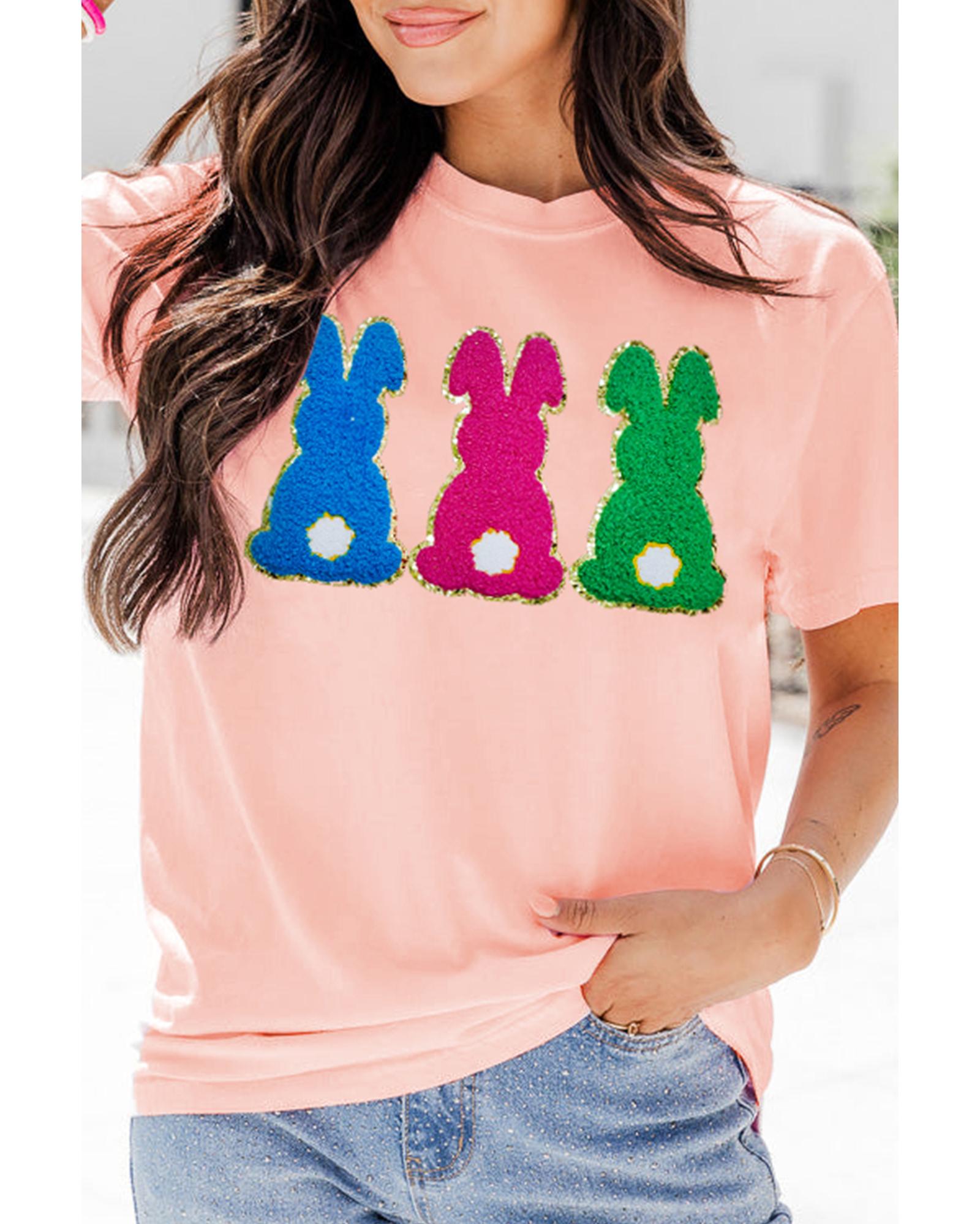 V539-AZEXDC25228306-10-L-202508281550-00 Pink Easter Bunny Chenille Patched Graphic Tee - L - Image 1