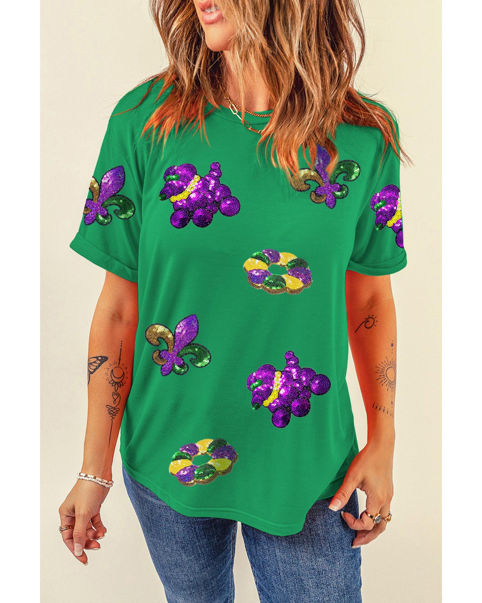 V539-AZEXDC25228343-P109-L-202508300340-00 Bright Green Mardi Gras Sequin Patched Graphic Tee - L - Image 1