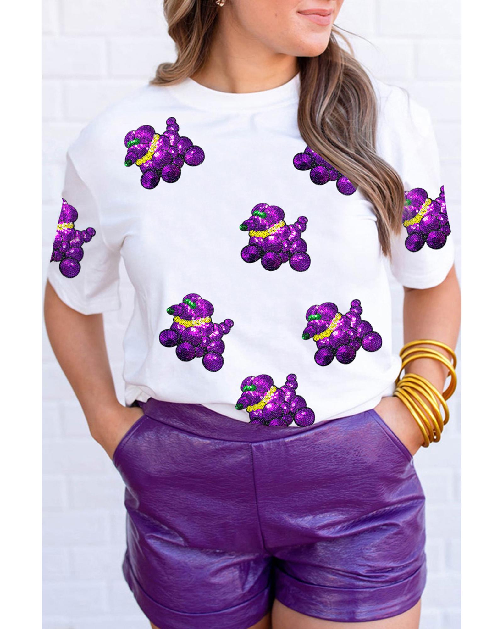 V539-AZEXDC25228366-1-3XL-202508281155-00 White Sequin Balloon Puppy Graphic Mardi Gras Tee - 3XL - Image 1