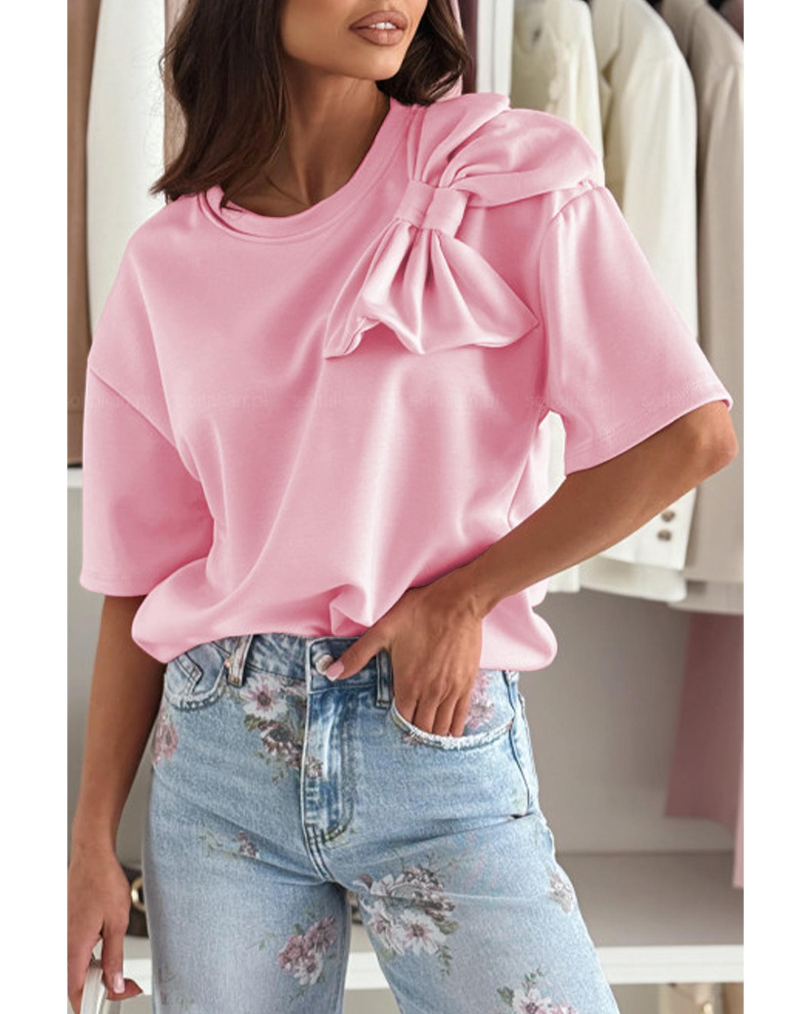 V539-AZEXDC25228450-P10-M-202508291330-00 Pink Bow Applique Half Sleeve T-shirt - M - Image 1