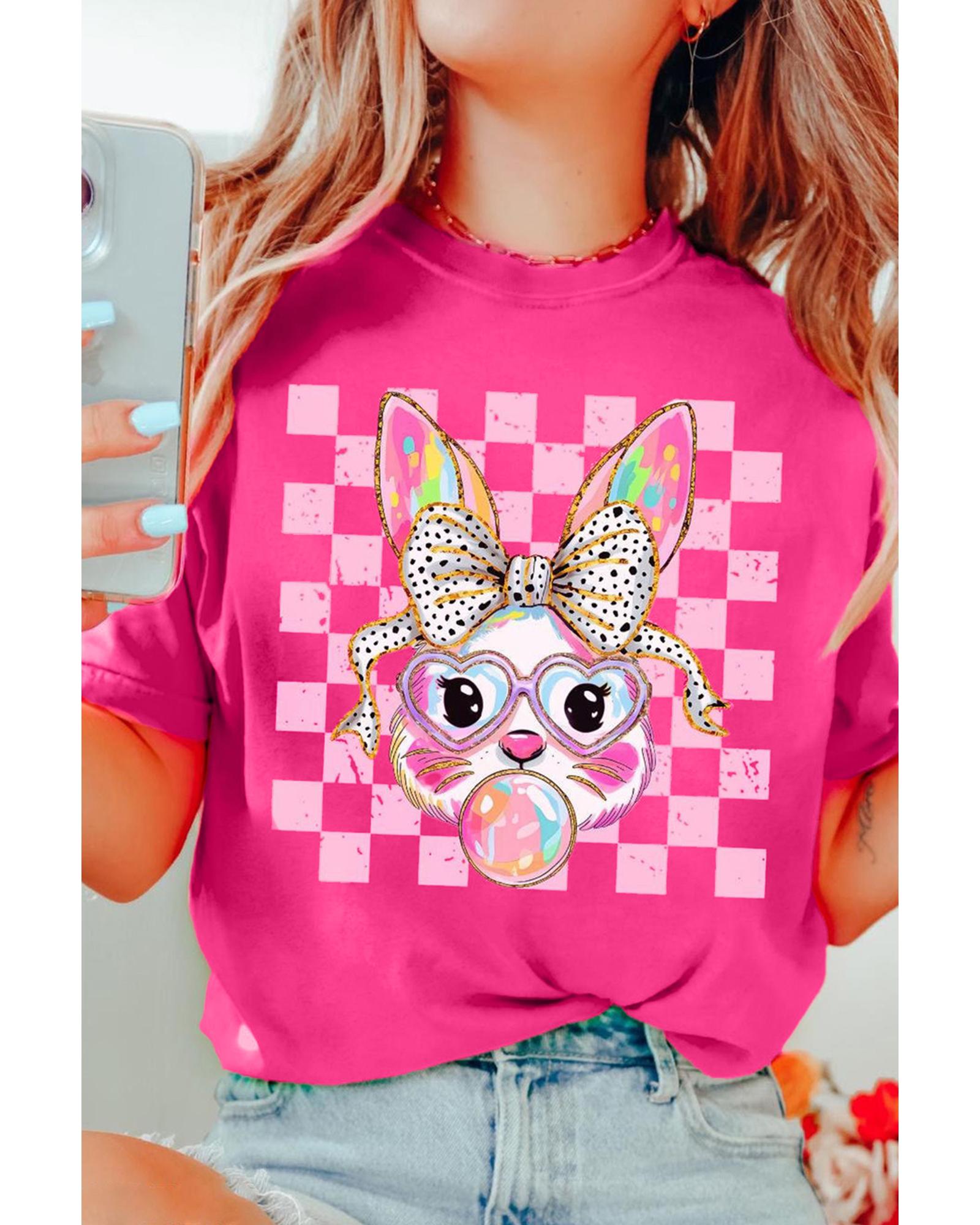 V539-AZEXDC25228506-P6-L-202508300150-00 Rose Red Plaid Bubble Gum Rabbit Graphic Eater T Shirt - L - Image 1