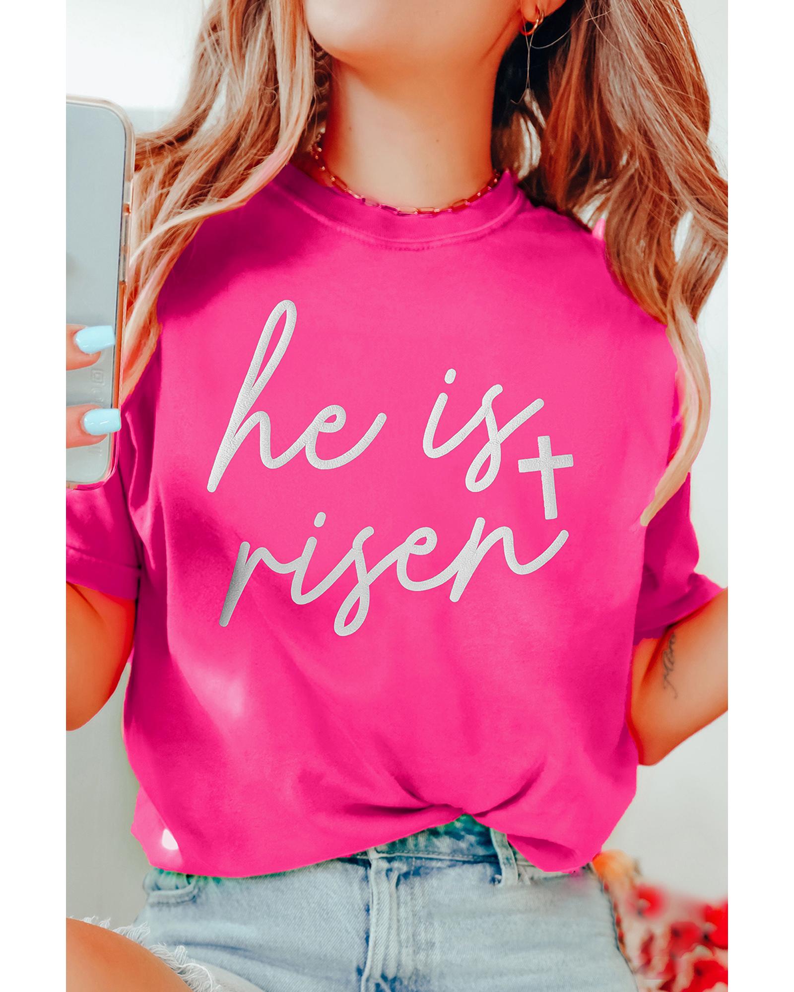V539-AZEXDC25228529-P6-S-202506122311-00 Rose Red Glitter he is risen Cross Printed Crewneck Tee - S - Image 1