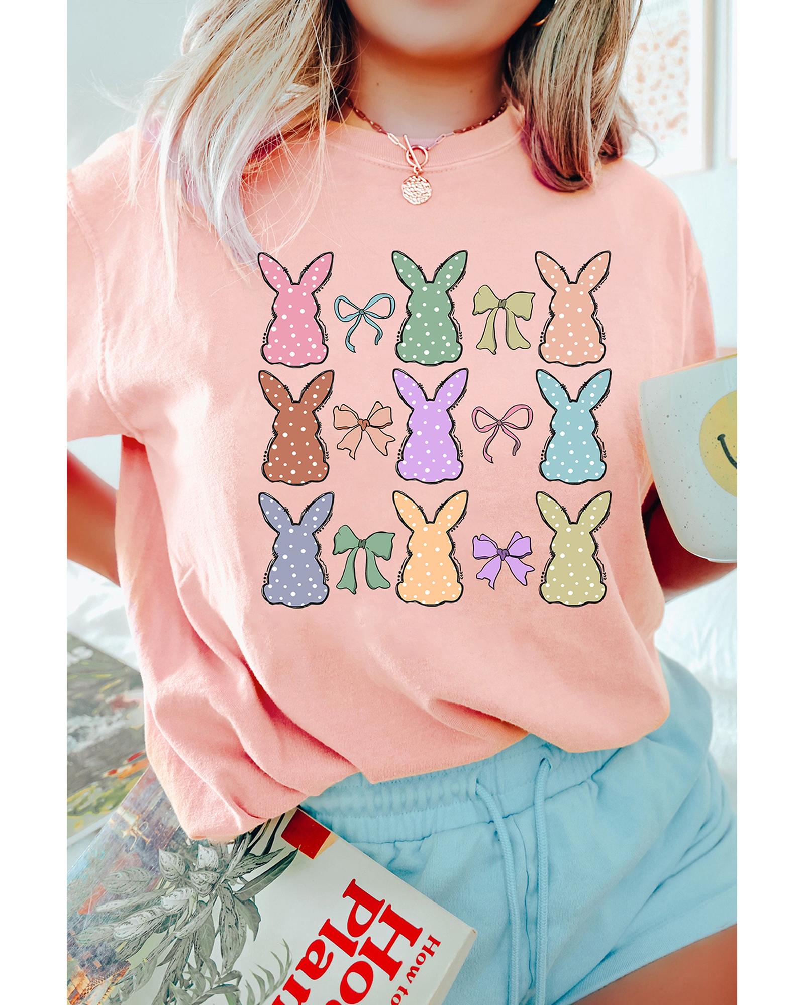 V539-AZEXDC25228546-10-M-202508281335-00 Pink Dotty Bunny Bow Printed Easter Day Fashion T Shirt - M - Image 1