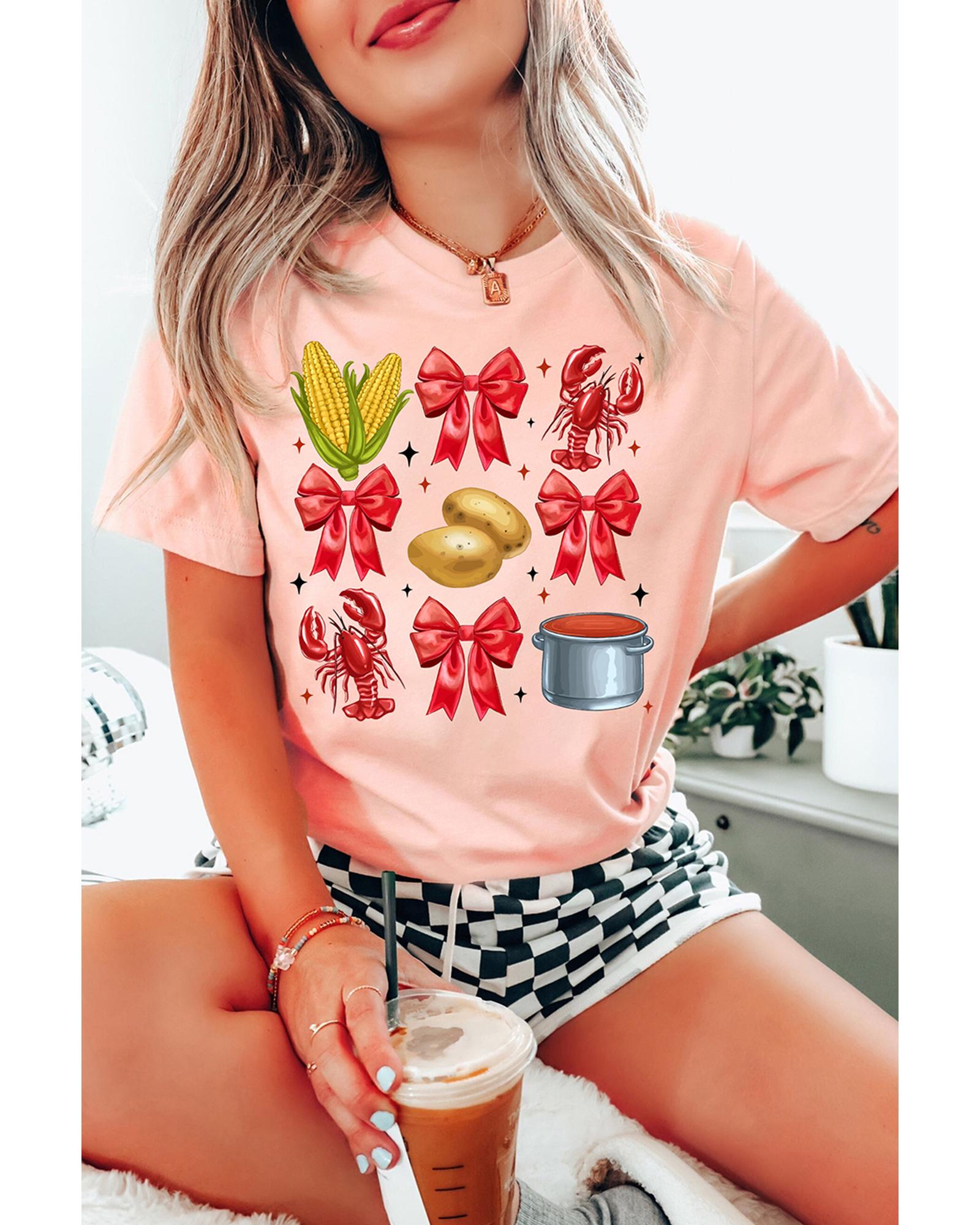 V539-AZEXDC25228550-10-XL-202508280030-00 Pink Summer Food Bow Crawfish Printed T Shirt - XL - Image 1