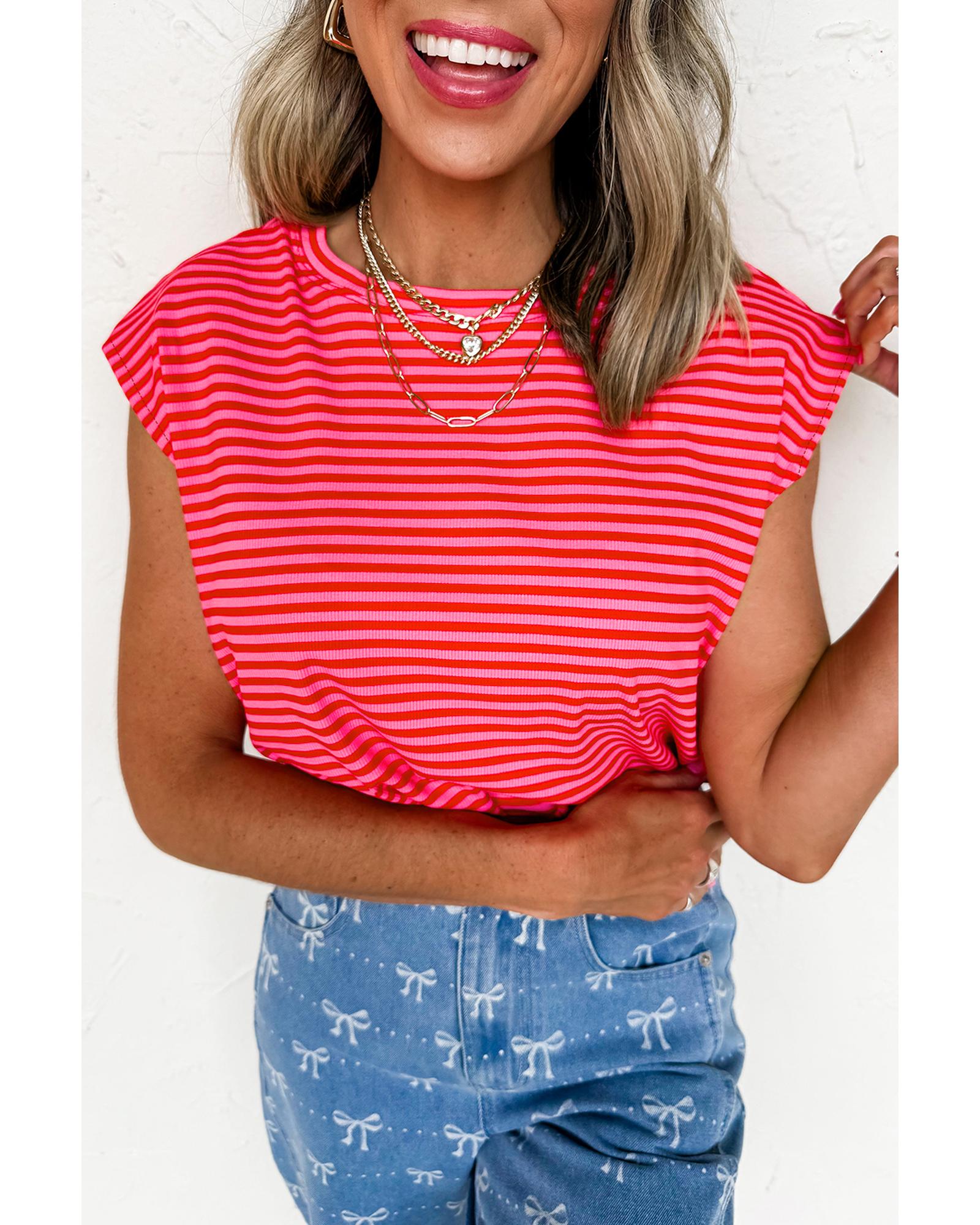 V539-AZEXDC25228577-P319-M-202508271340-00 Red Stripe Ribbed Cap Sleeve Round Neck T Shirt - M - Image 1