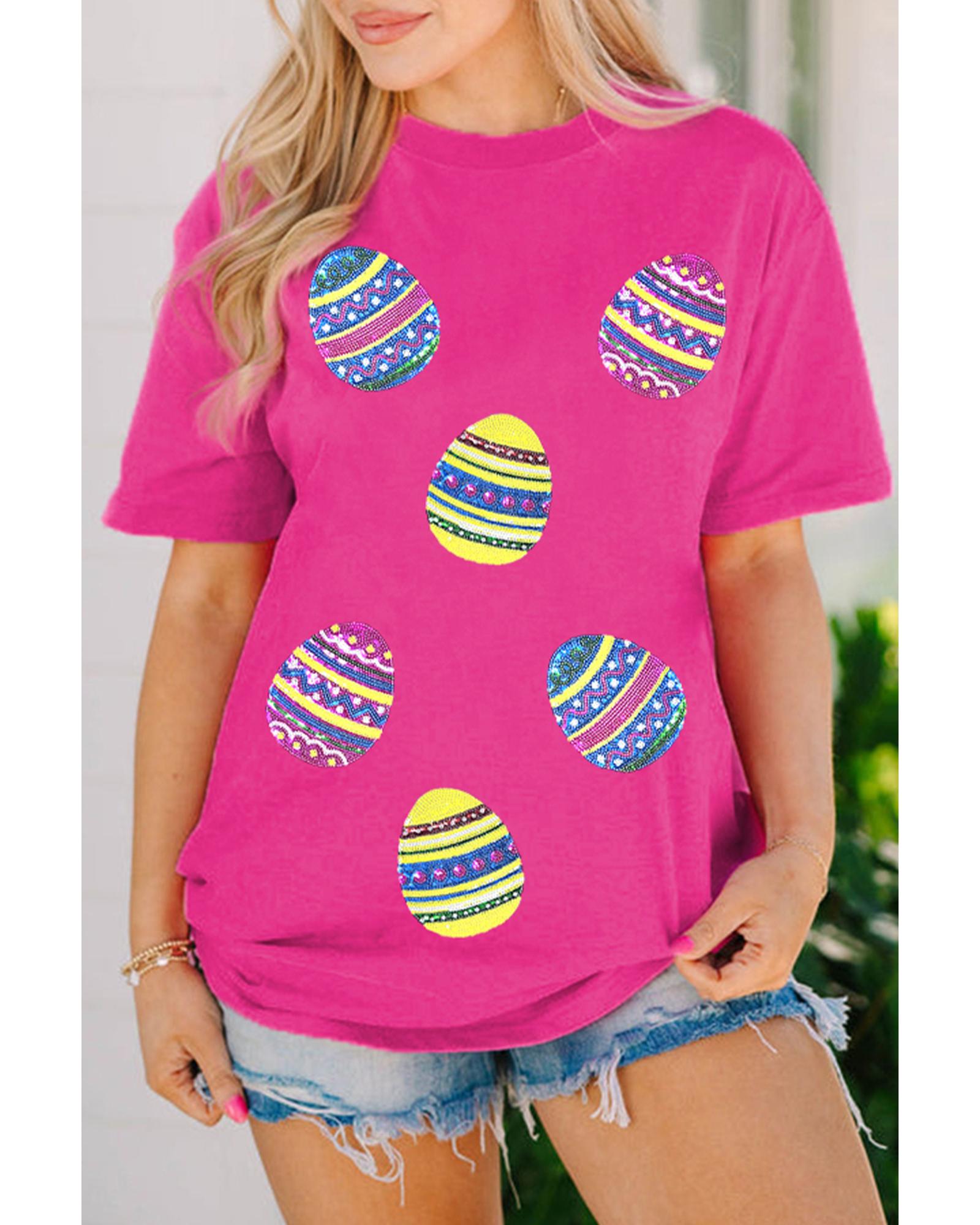 V539-AZEXDC25228599-P6-2XL-202508270645-00 Rose Red Sequin Easter Egg Graphic Casual T Shirt - 2XL - Image 1