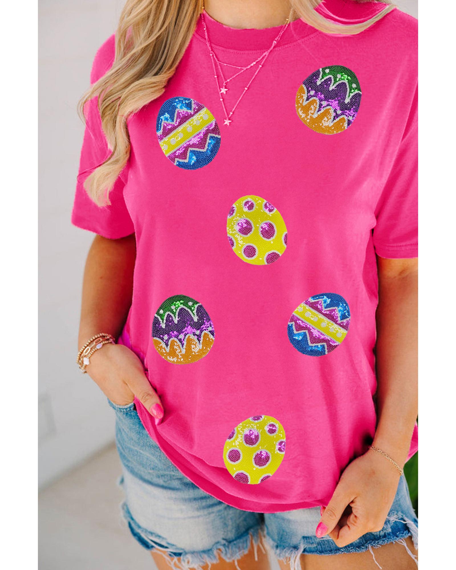V539-AZEXDC25228616-P6-M-202508271110-00 Rose Red Easter Eggs Patched Crew Neck Graphic Tee - M - Image 1