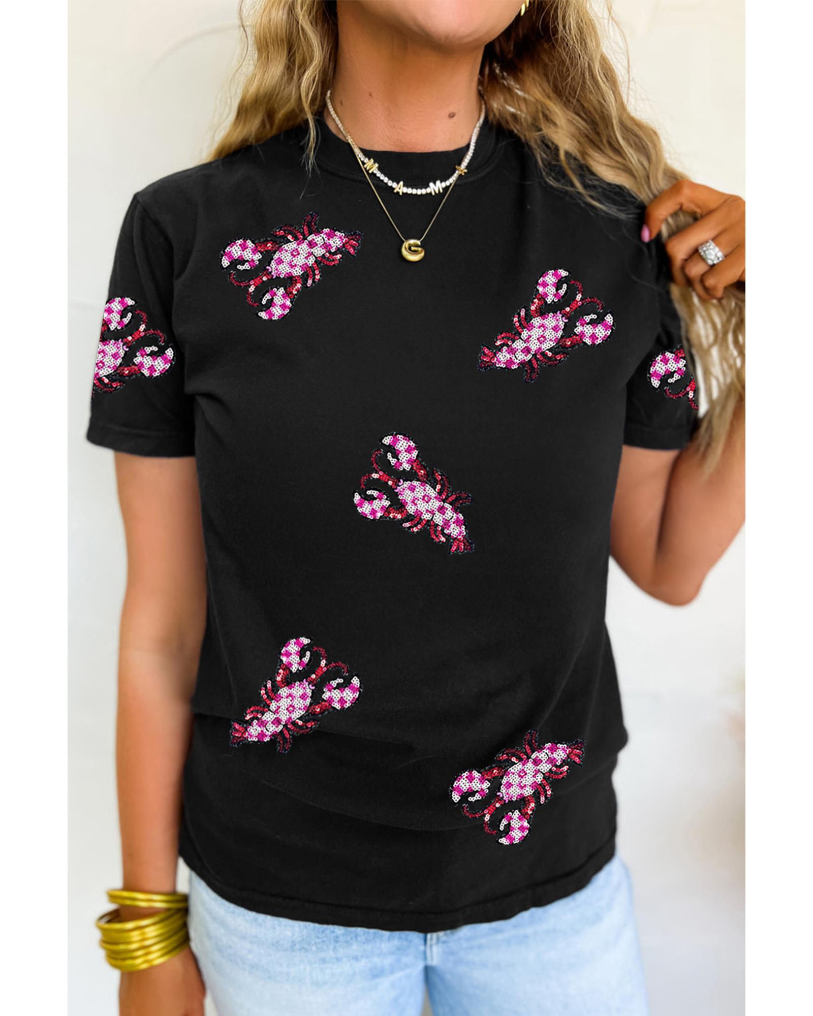 V539-AZEXDC25228641-2-S-202506130037-00 Black Sequin Crawfish Patched Crew Neck Tee - S - Image 1