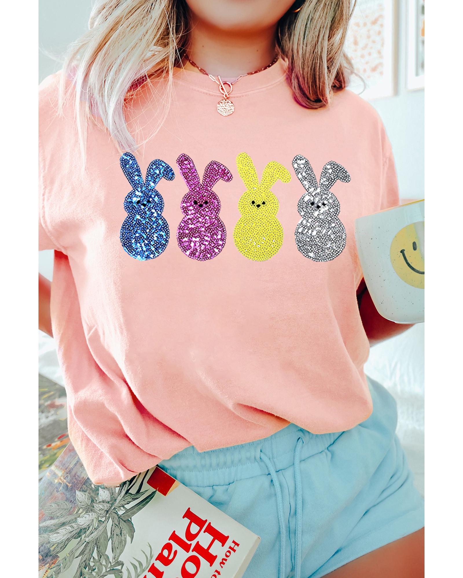 V539-AZEXDC25228653-10-XL-202508281715-00 Pink Sequin Cute Bunny Graphic Easter Fashion Tee - XL - Image 1