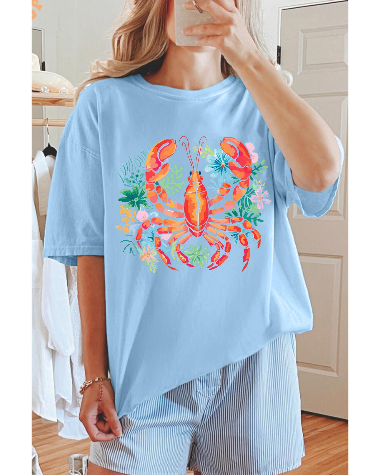 V539-AZEXDC25228834-P4-M-202508300015-00 Light Blue Floral Summer Lobster Graphic Tee - M - Image 1