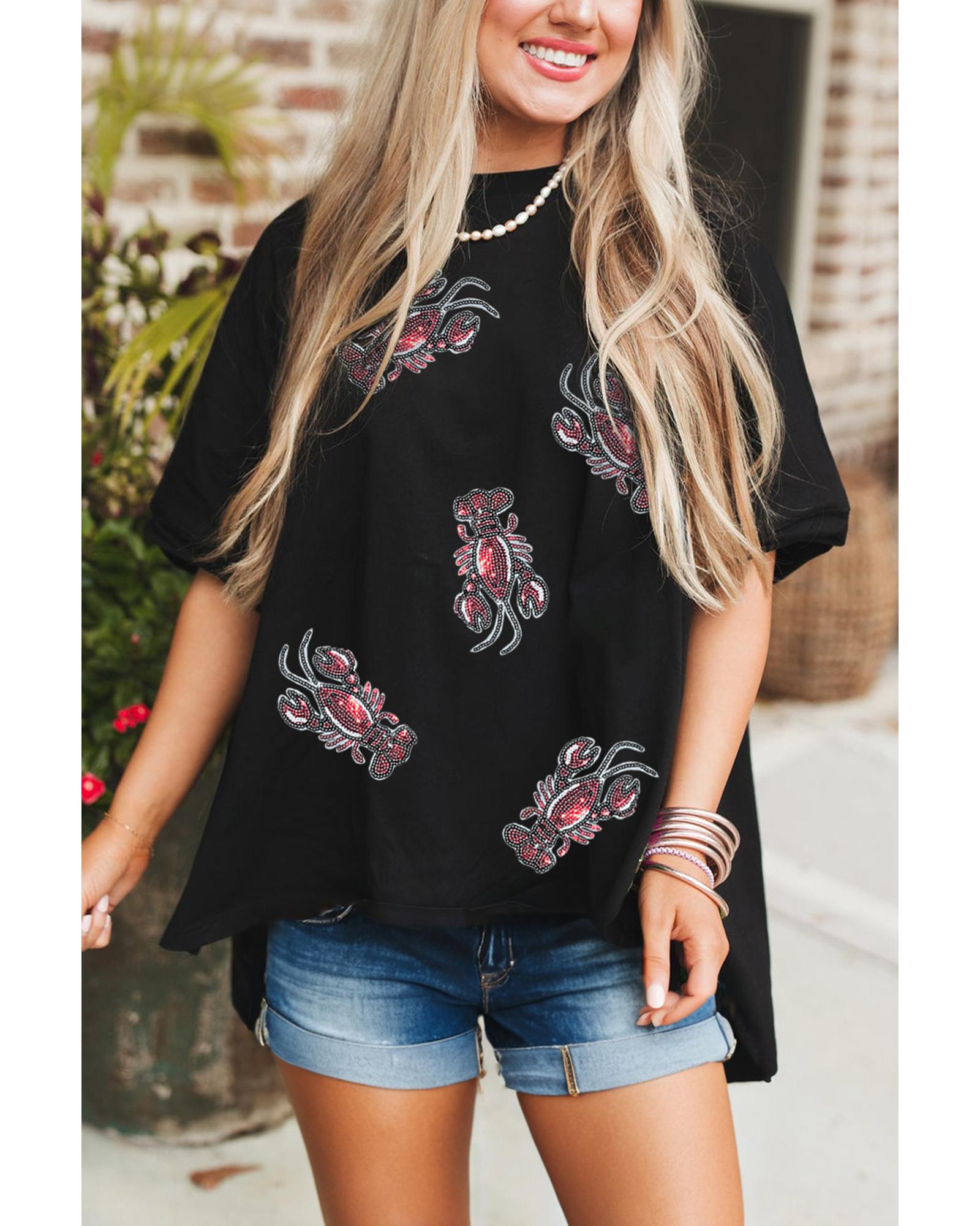 V539-AZEXDC25228850-P2-XL-202508281750-00 Black Sequin Crawfish Graphic High Low Loose T Shirt - XL - Image 1