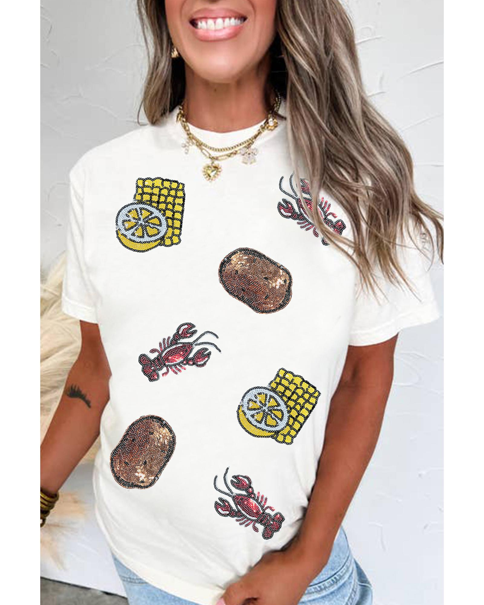 V539-AZEXDC25228852-1-XL-202508291850-00 White Sequin Crawfish Potato Lemon Corn Graphic Crewneck T Shirt - XL - Image 1