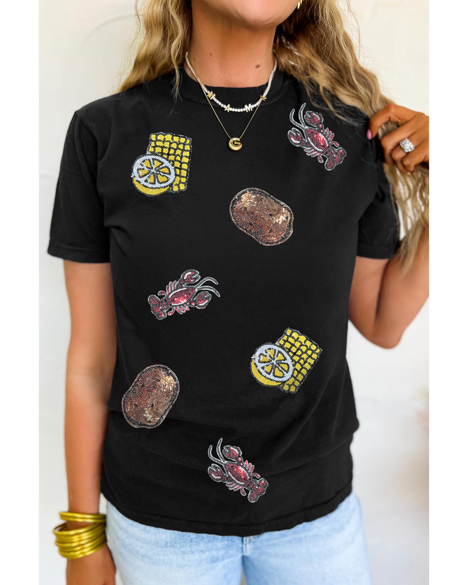 V539-AZEXDC25228852-2-L-202508300145-00 Black Sequin Crawfish Potato Lemon Corn Graphic Crewneck T Shirt - L - Image 1
