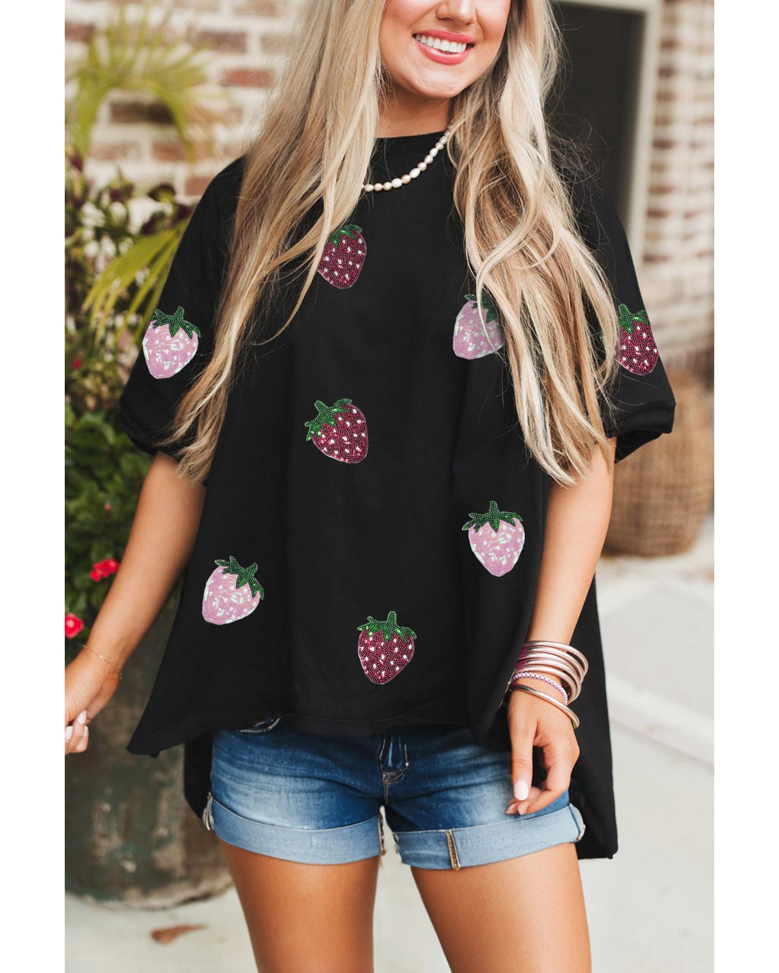 V539-AZEXDC25228858-P2-S-202506122053-00 Black Sequin Strawberry Graphic High Low Relaxed Fit Tee - S - Image 1