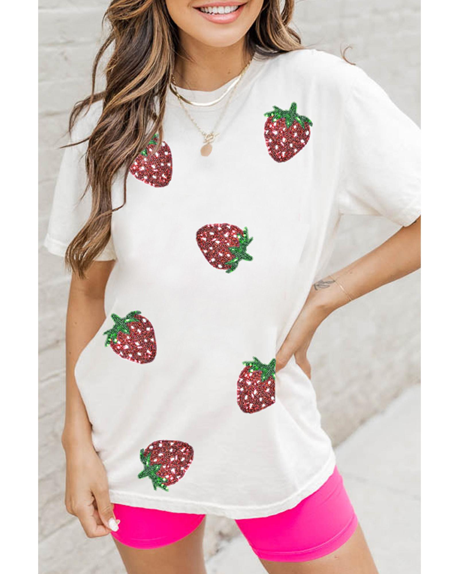 V539-AZEXDC25228861-1-2XL-202508281325-00 White Sequin Strawberry Patched Crew Neck T Shirt - 2XL - Image 1