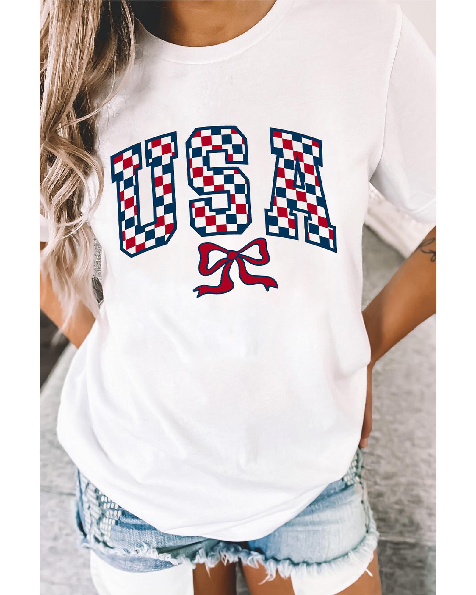 V539-AZEXDC25228902-1-3XL-202508281045-00 White Checkered USA Graphic Casual Tee - 3XL - Image 1