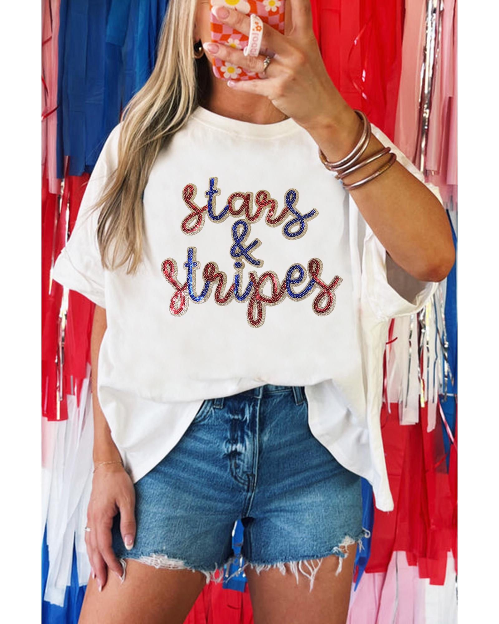 V539-AZEXDC25228992-P1-L-202508280905-00 White Sequin stars & stripes Graphic Drop Shoulder Loose T Shirt - L - Image 1