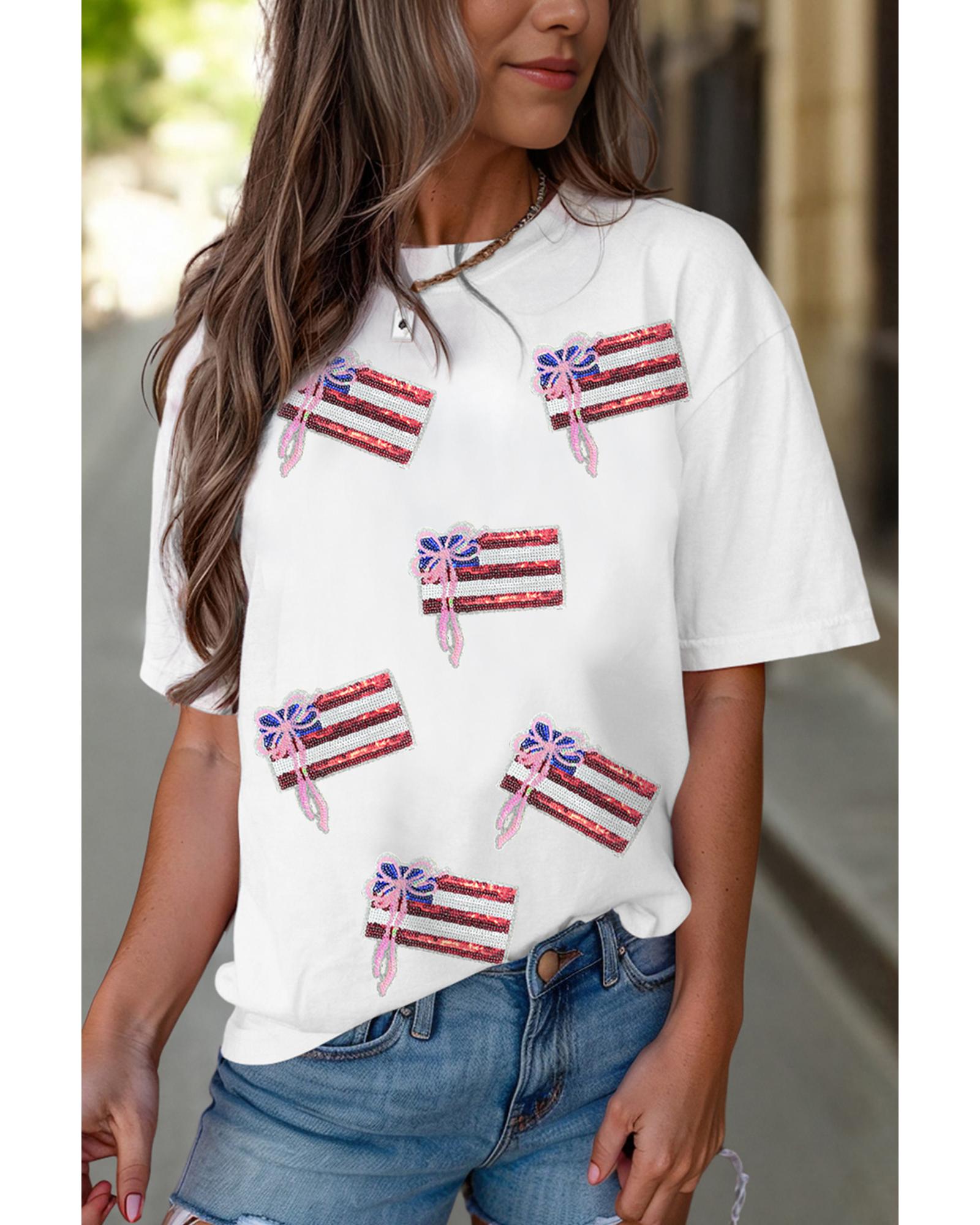 V539-AZEXDC25229028-1-M-202508291340-00 White Sequin Bow American Flag Patched T Shirt - M - Image 1