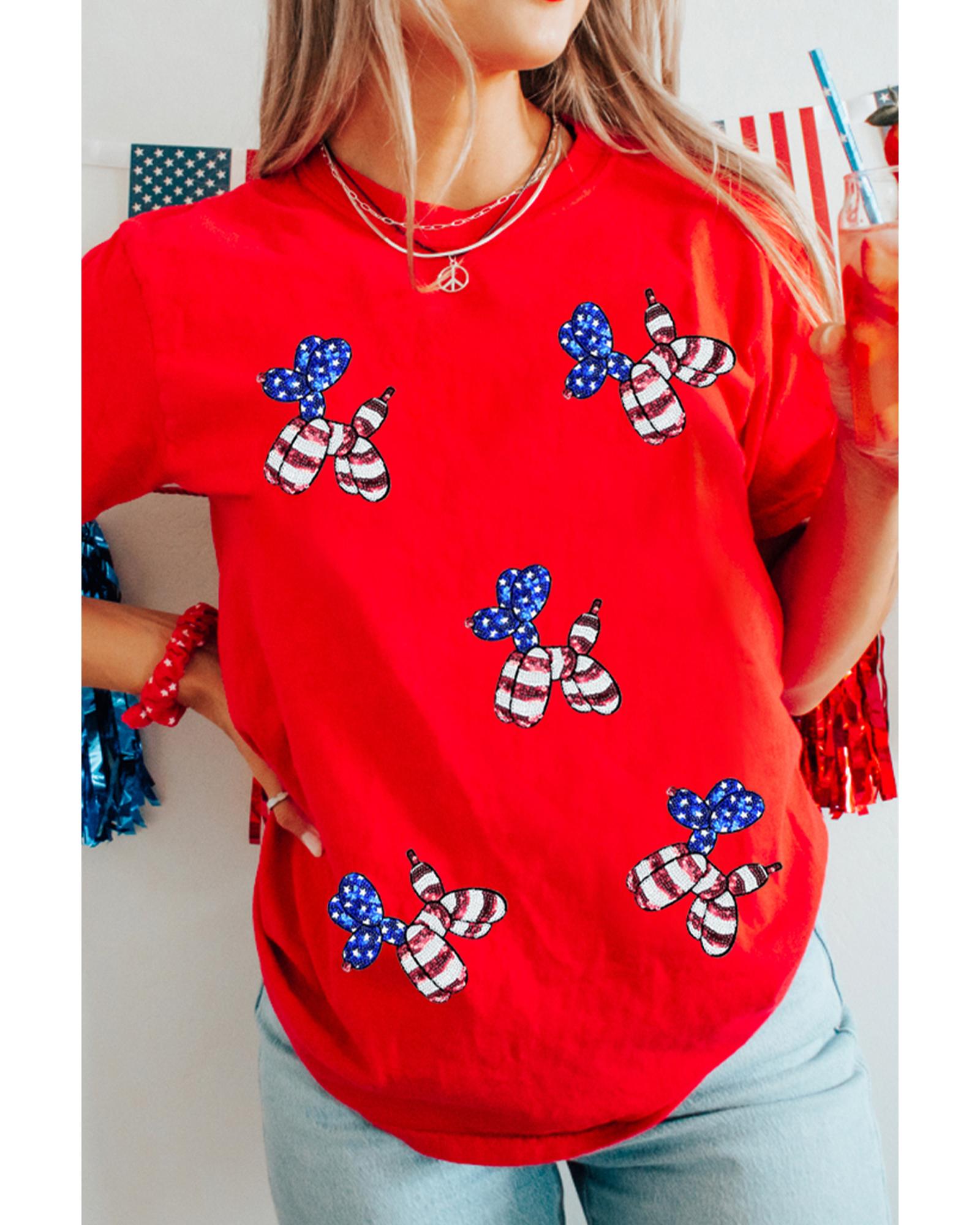 V539-AZEXDC25229102-103-XL-202508291320-00 Red Sequin Stars and Stripes Balloon Puppy Graphic Crewneck Tee - XL - Image 1
