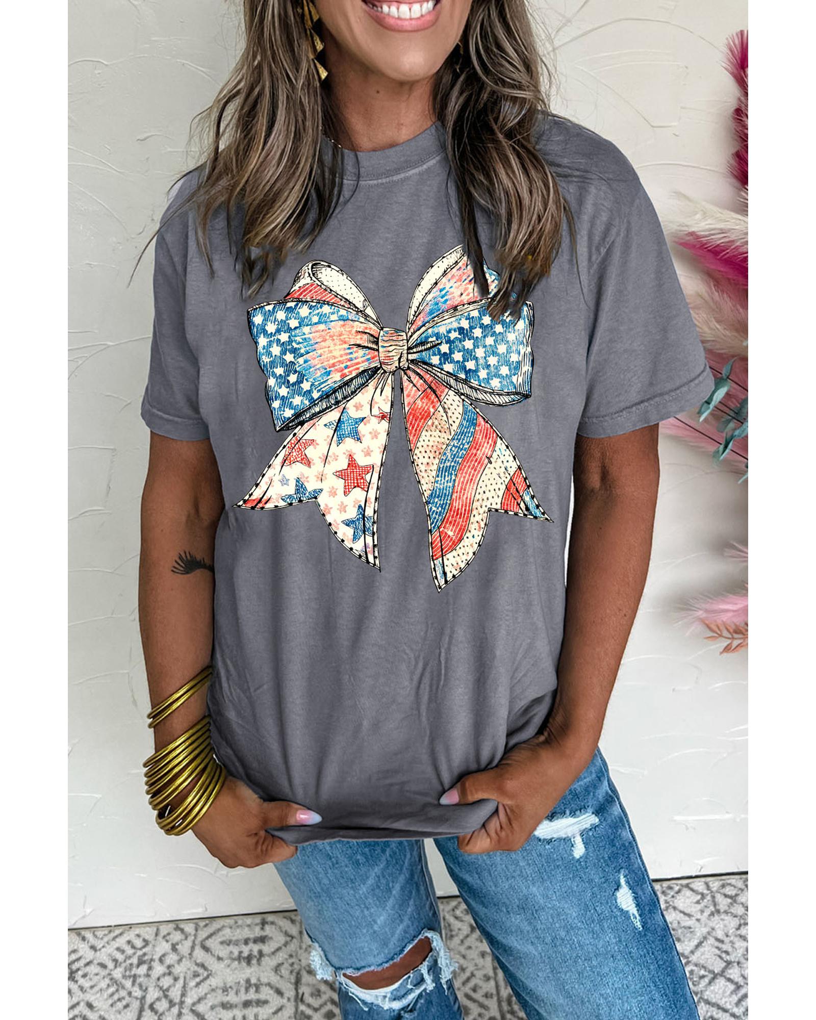 V539-AZEXDC25229140-11-S-202506122322-00 Gray US Flag Bow Print Round Neck Loose T Shirt - S - Image 1