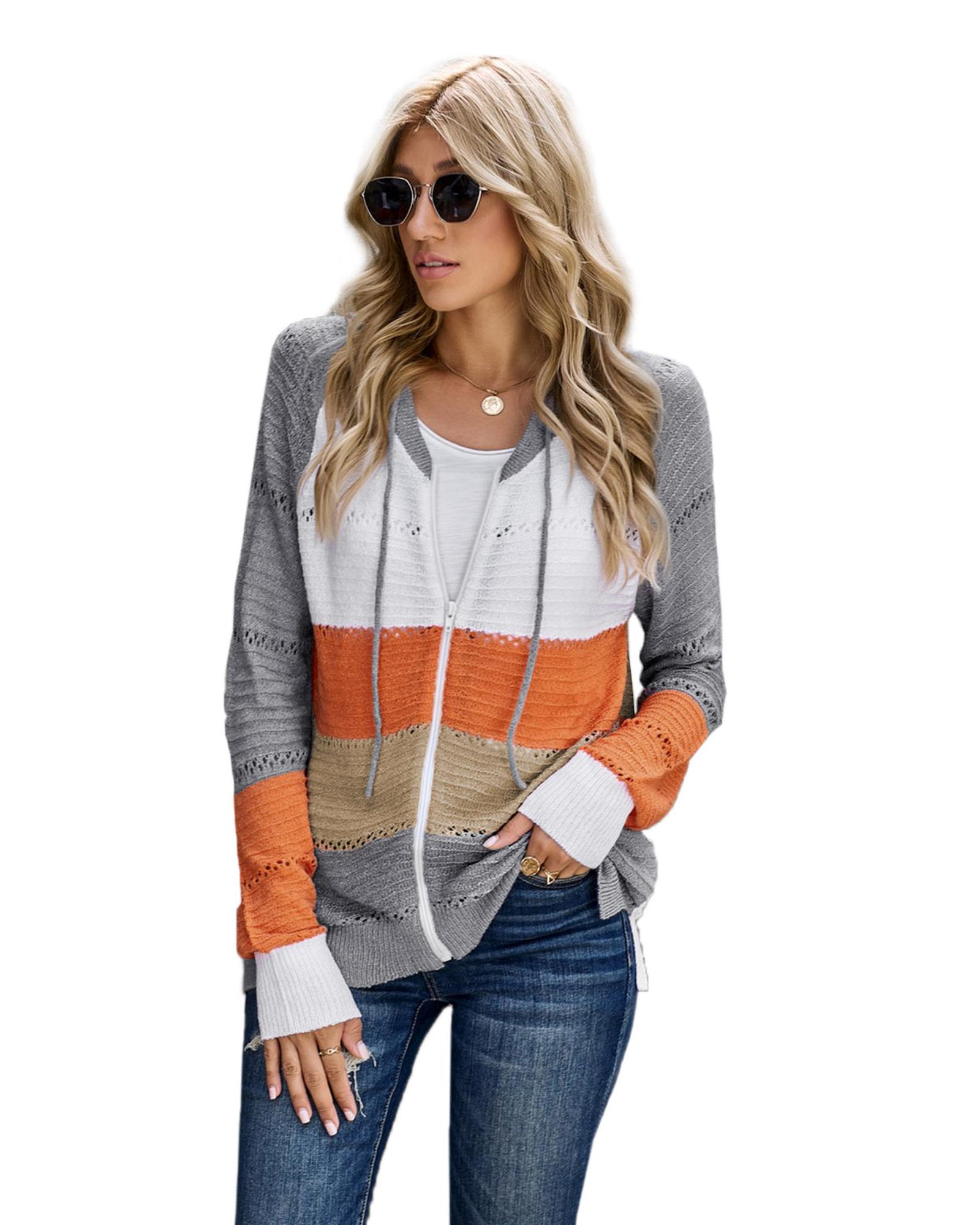 V539-AZEXDC2531016-11-S-202506130005-00 Gray Zipped Front Colorblock Hollow-out Knit Hoodie - S - Image 1