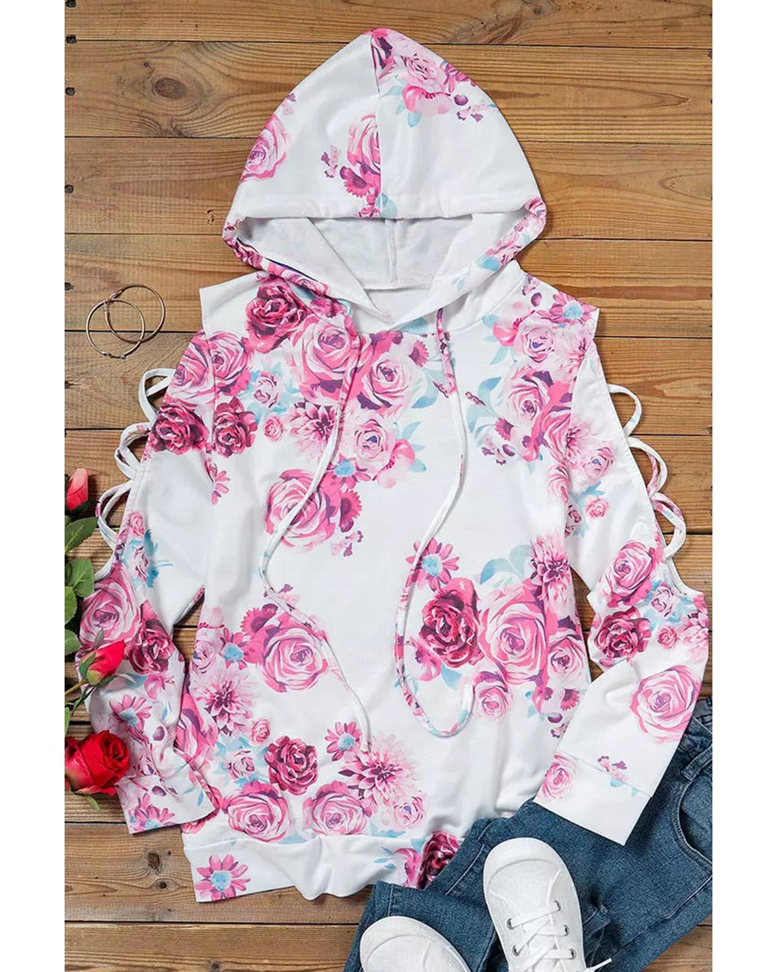 V539-AZEXDC25312192-1-L-202508252140-00 Azura Exchange Floral Print Cold Shoulder Hoodie - L - Image 1