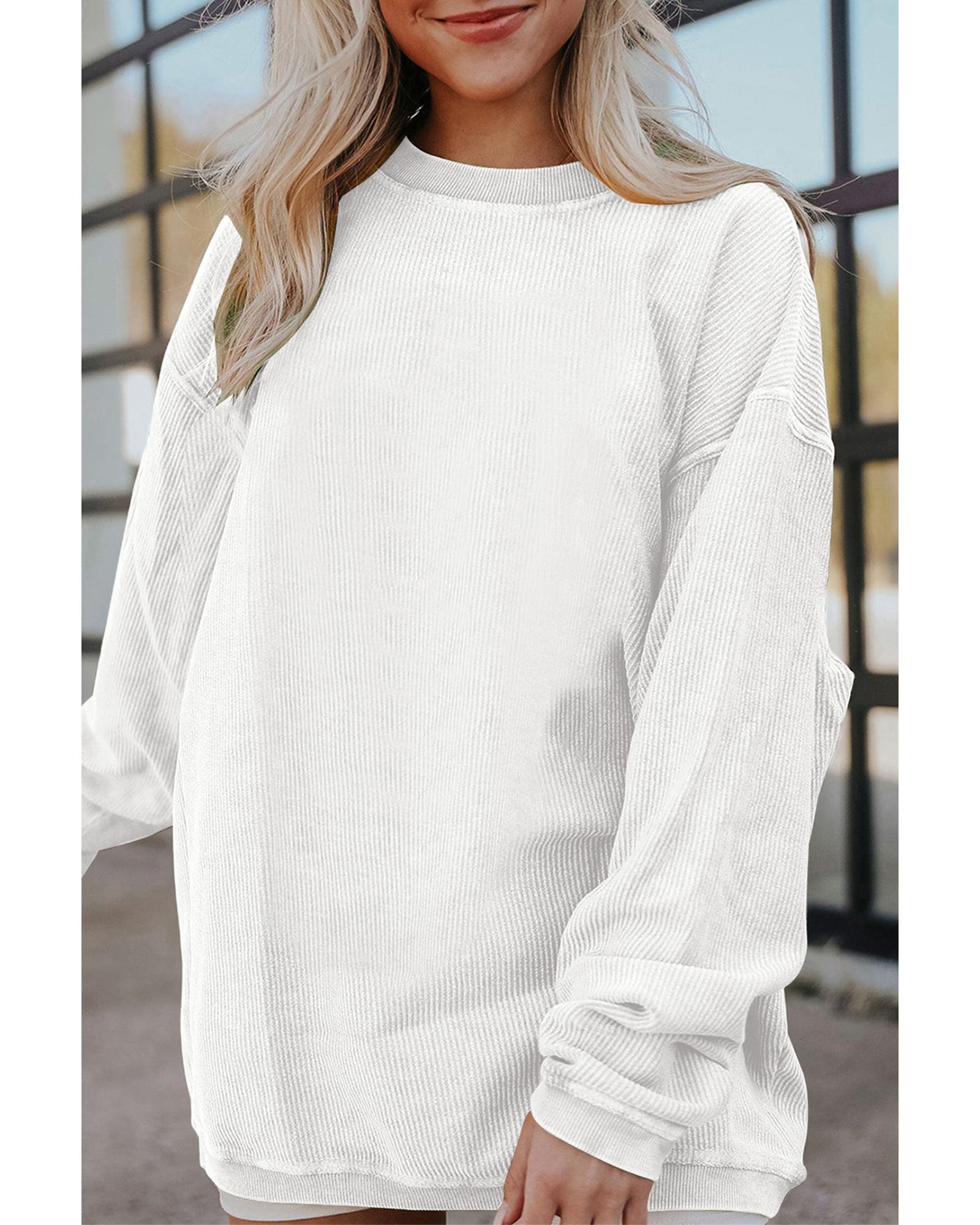 V539-AZEXDC25312934-P1-M-202508280220-00 White Ribbed Corduroy Oversized Sweatshirt - M - Image 1