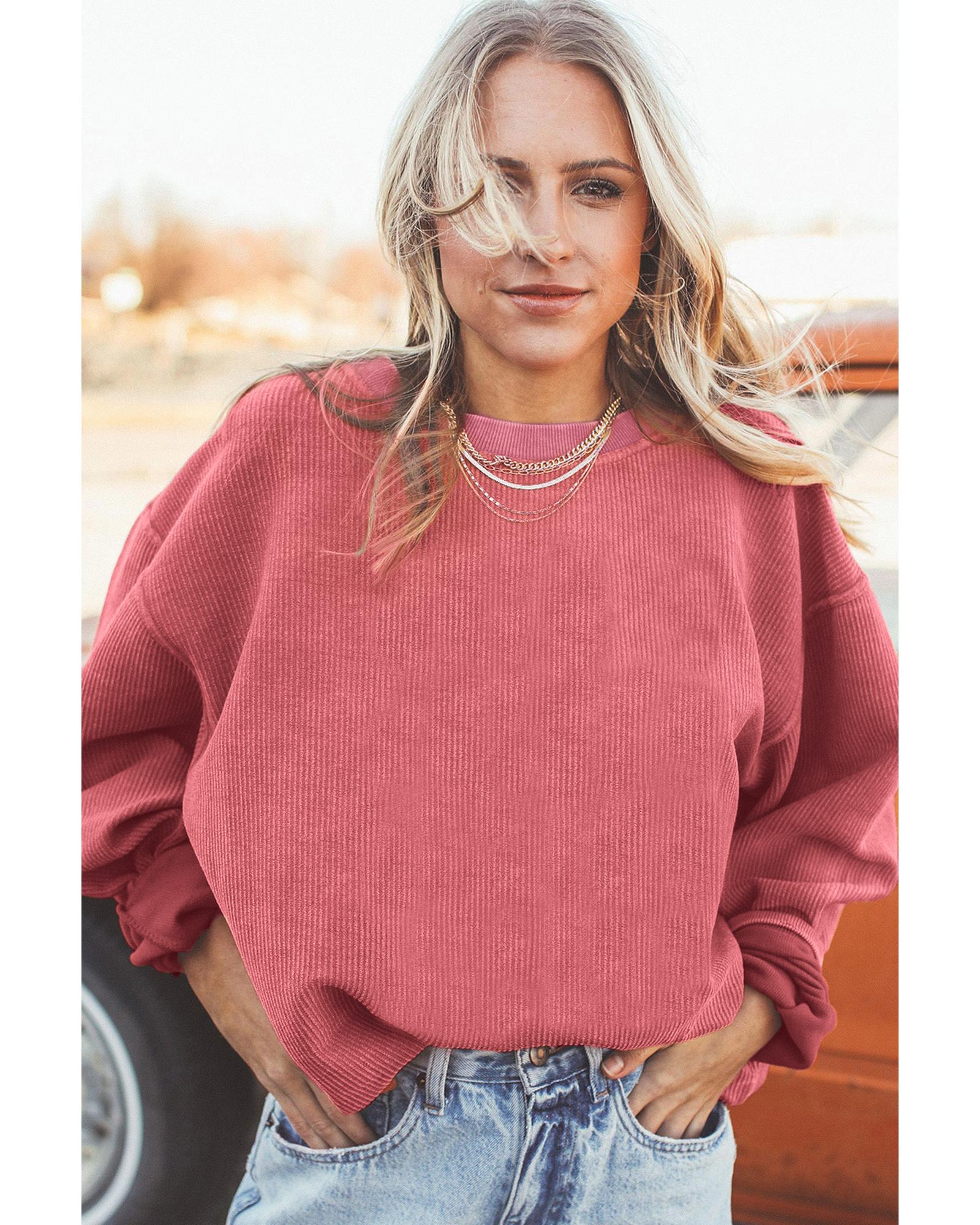 V539-AZEXDC25312934-P306-M-202508282305-00 Strawberry Pink Ribbed Corded Oversized Sweatshirt - M - Image 1
