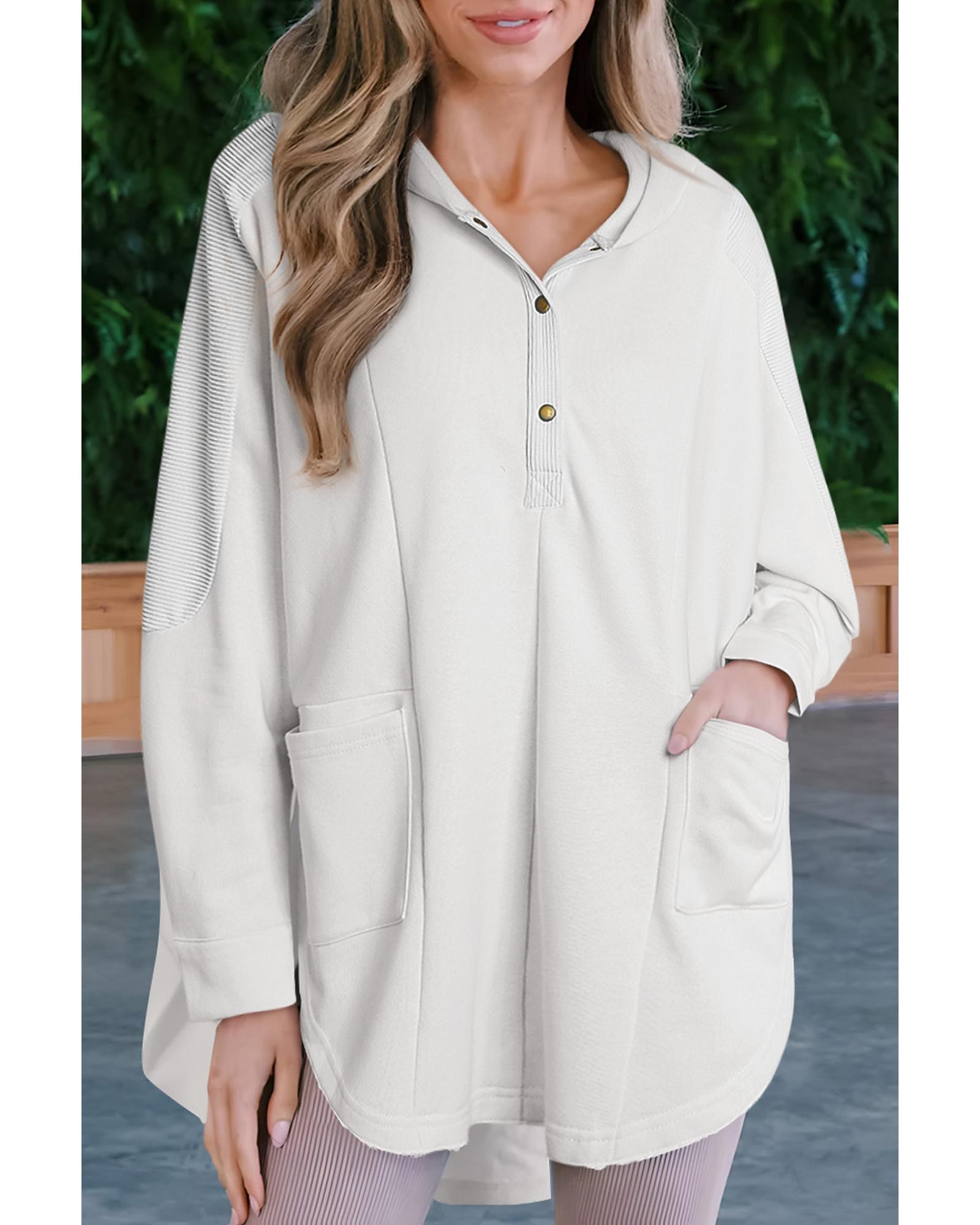 V539-AZEXDC25313891-1-S-202506130115-00 White Patchwork Side Pockets Oversized Henley Hoodie - S - Image 1