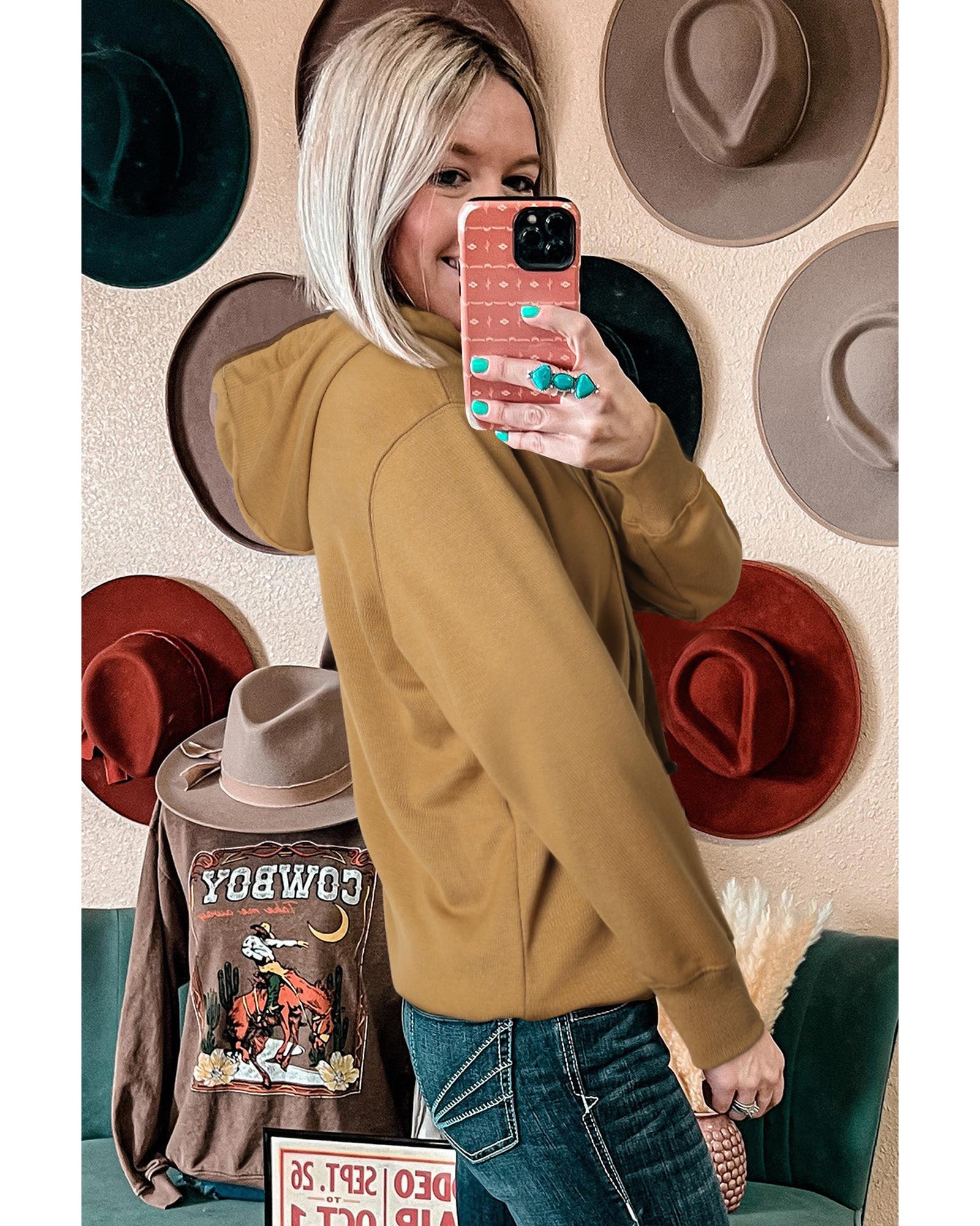 V539-AZEXDC25314390-P16-S-202506130122-00 Khaki Drawstring Kangaroo Pocket Henley Hoodie - S - Image 1