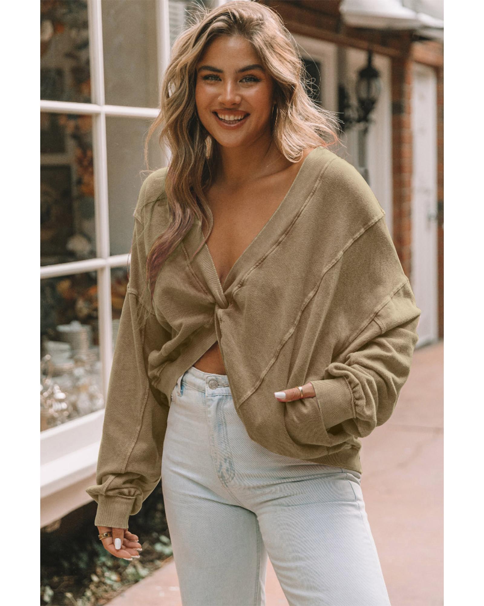 V539-AZEXDC25314555-16-XL-202508282220-00 Khaki Exposed Seam Twist Open Back Oversized Sweatshirt - XL - Image 1