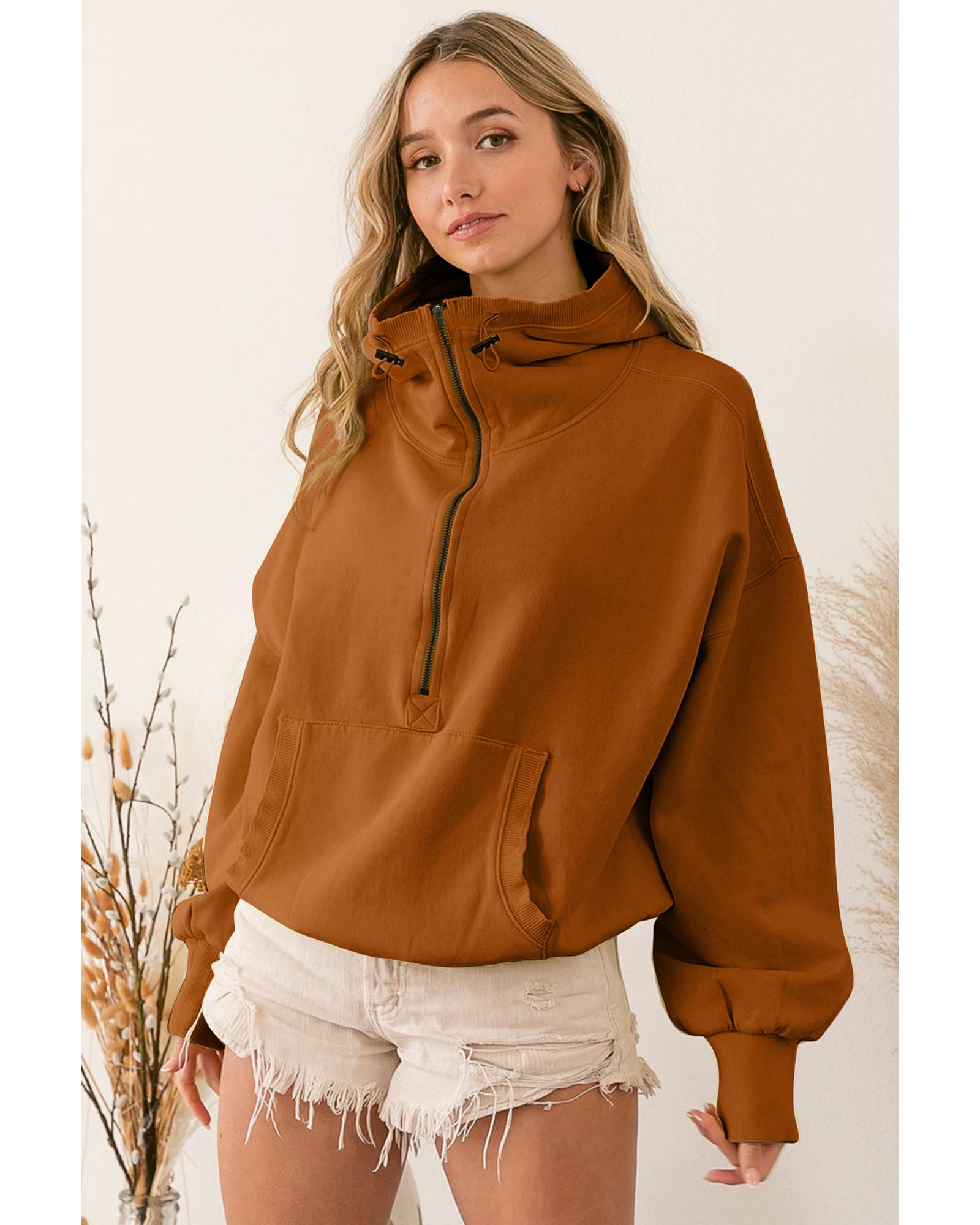 V539-AZEXDC25314629-1017-M-202508281335-00 Brown Ribbed Trim Kangaroo Pocket Zipped Hoodie - M - Image 1