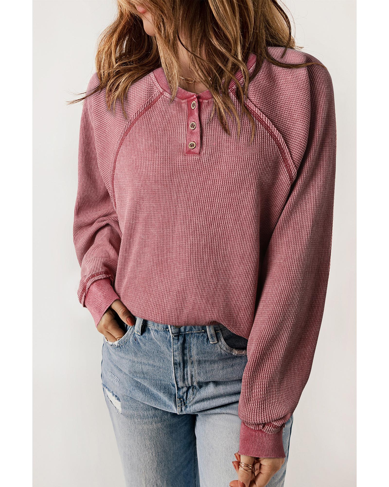 V539-AZEXDC25314694-3-2XL-202506122127-00 Red Waffle Knit Raglan Sleeve Henley Sweatshirt - 2XL - Image 1