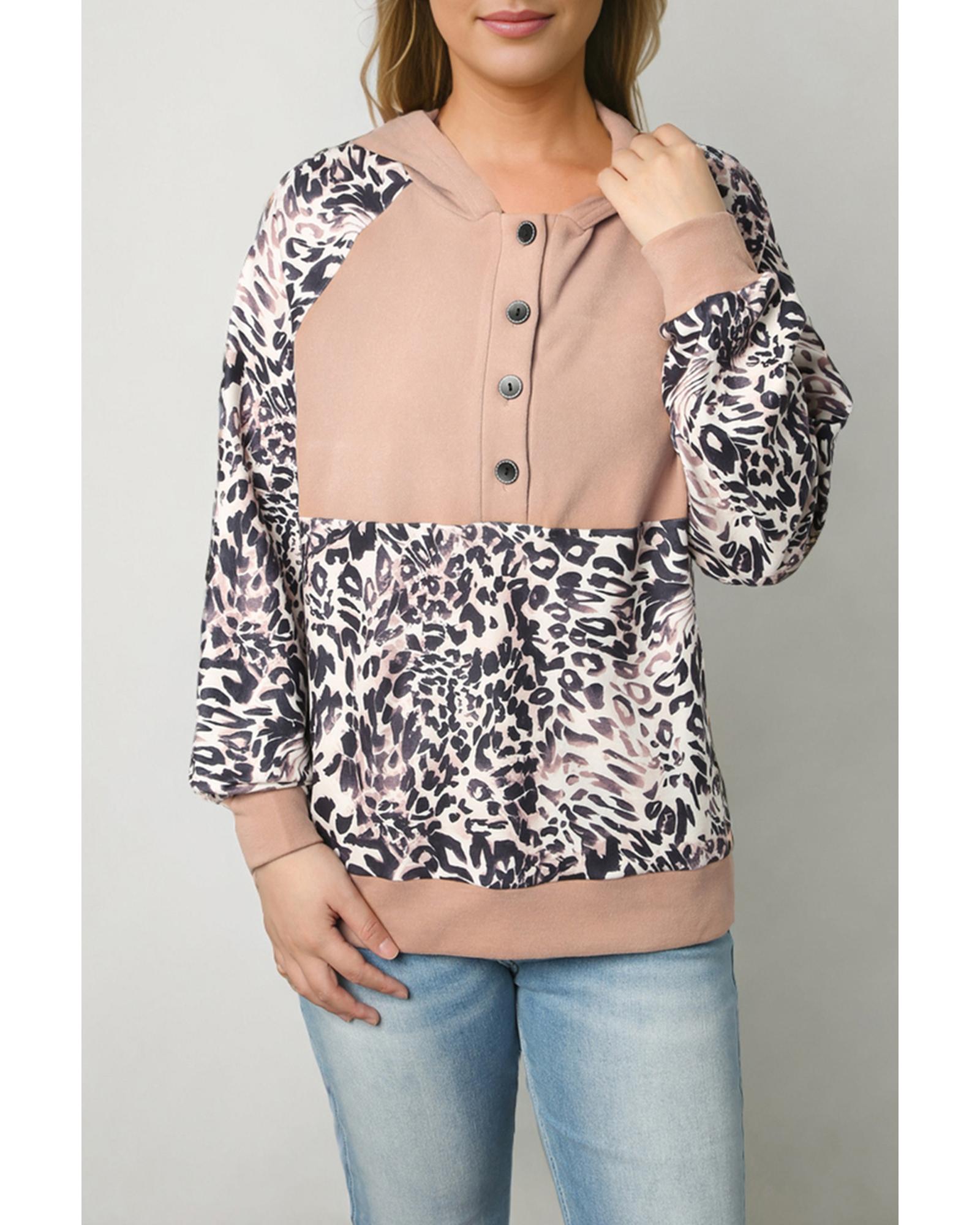 V539-AZEXDC25314807-20-S-202506122210-00 Leopard Print Buttoned Neckline Raglan Sleeve Hoodie - S - Image 1