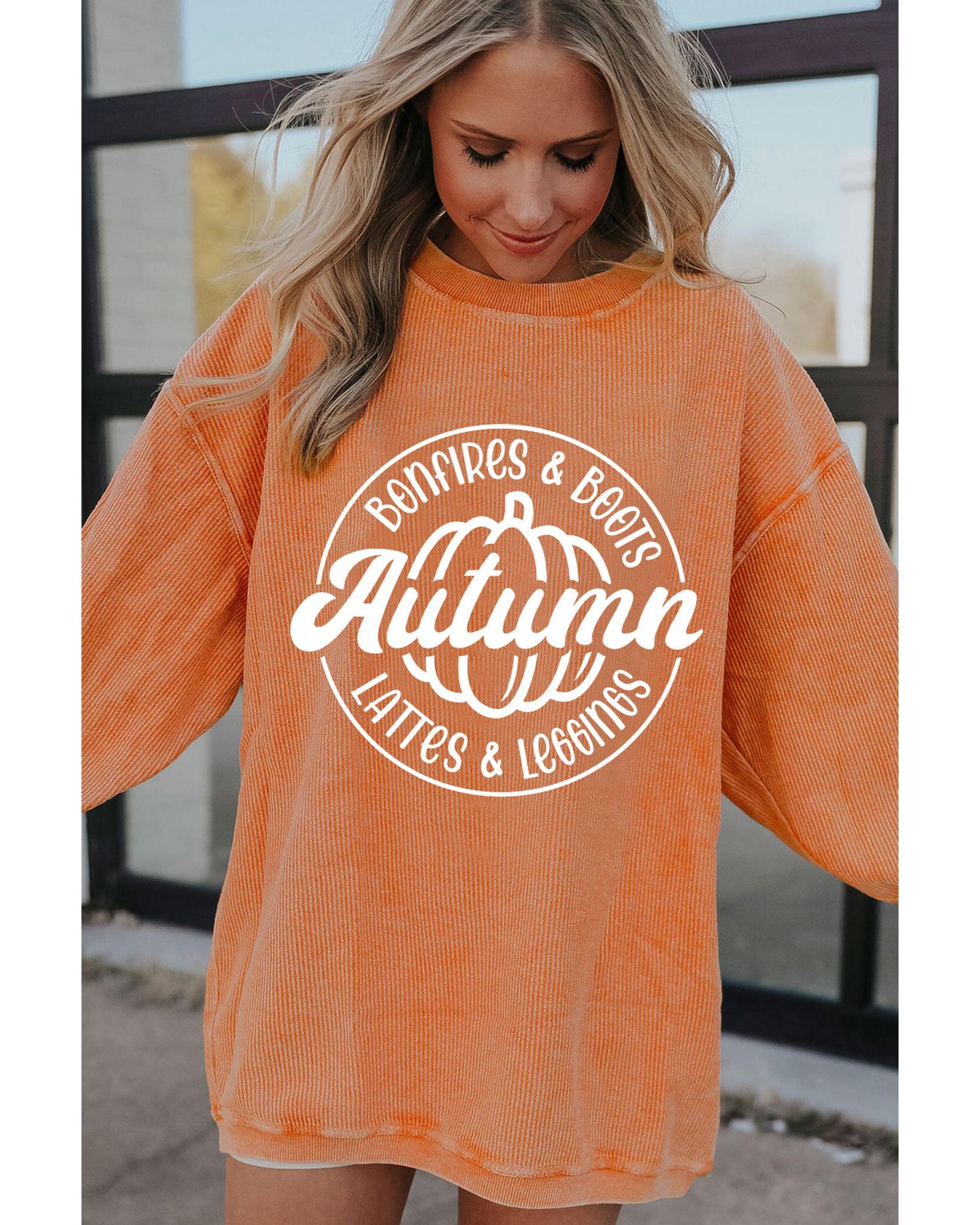 V539-AZEXDC25314952-2014-M-202508281940-00 Orange Autumn Pumpkin Graphic Print Corded Oversized Sweatshirt - M - Image 1