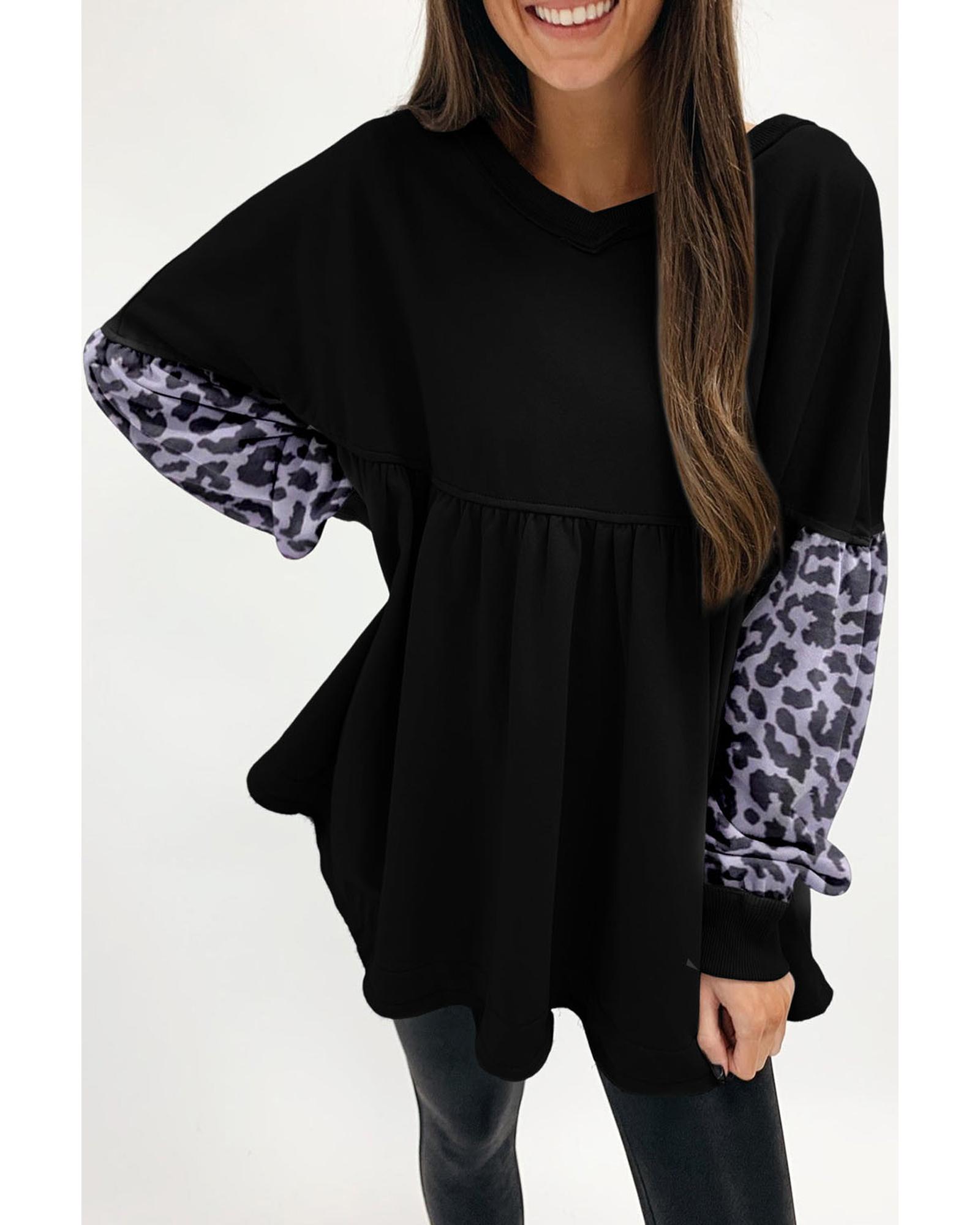 V539-AZEXDC25315023-2-XL-202509010215-00 Azura Exchange Leopard Splicing Ruffle Sweatshirt - XL - Image 1