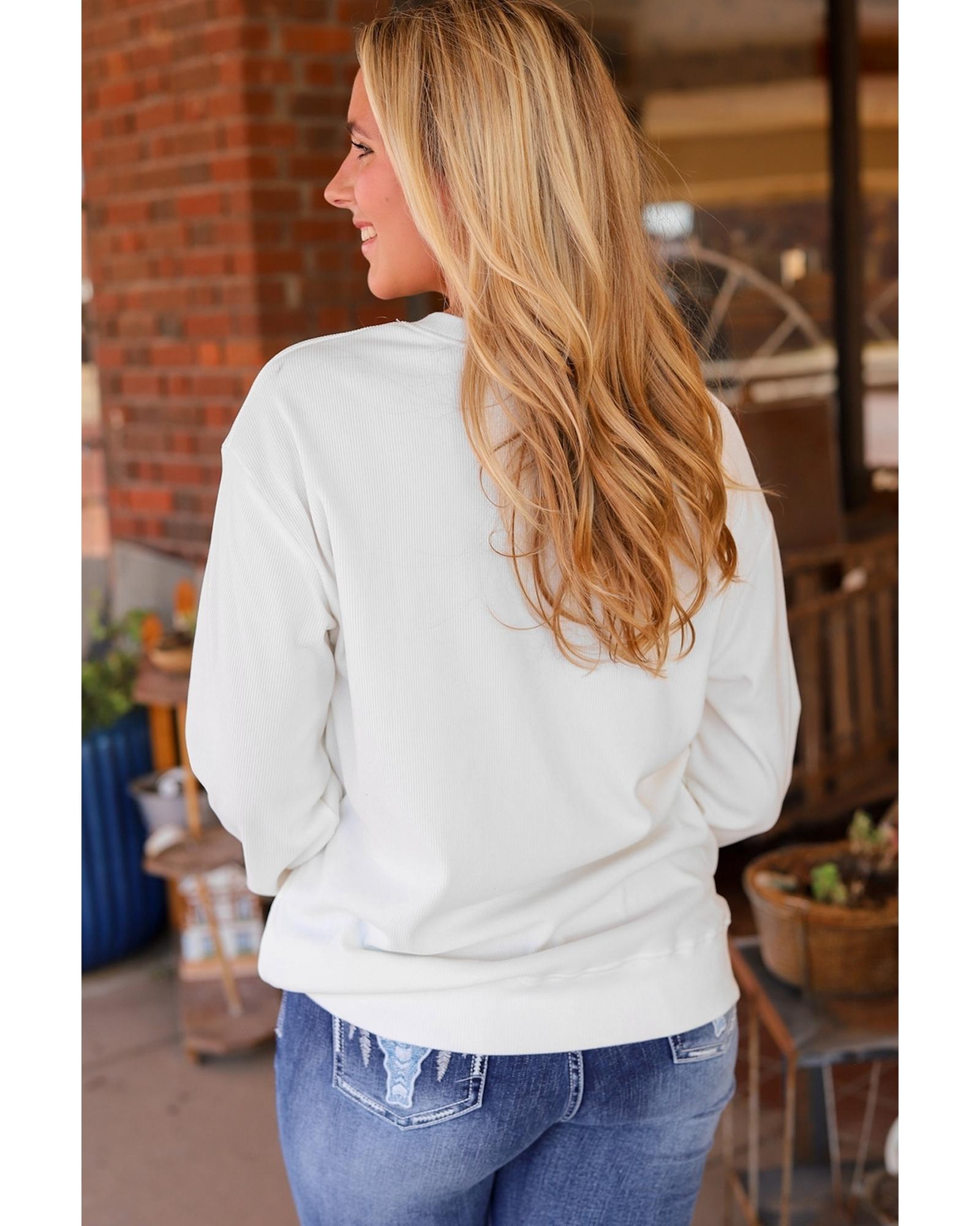 V539-AZEXDC25315092-1-M-202506122320-00 White WILD WEST Steer Skull Graphic Ribbed Sweatshirt - M - Image 1