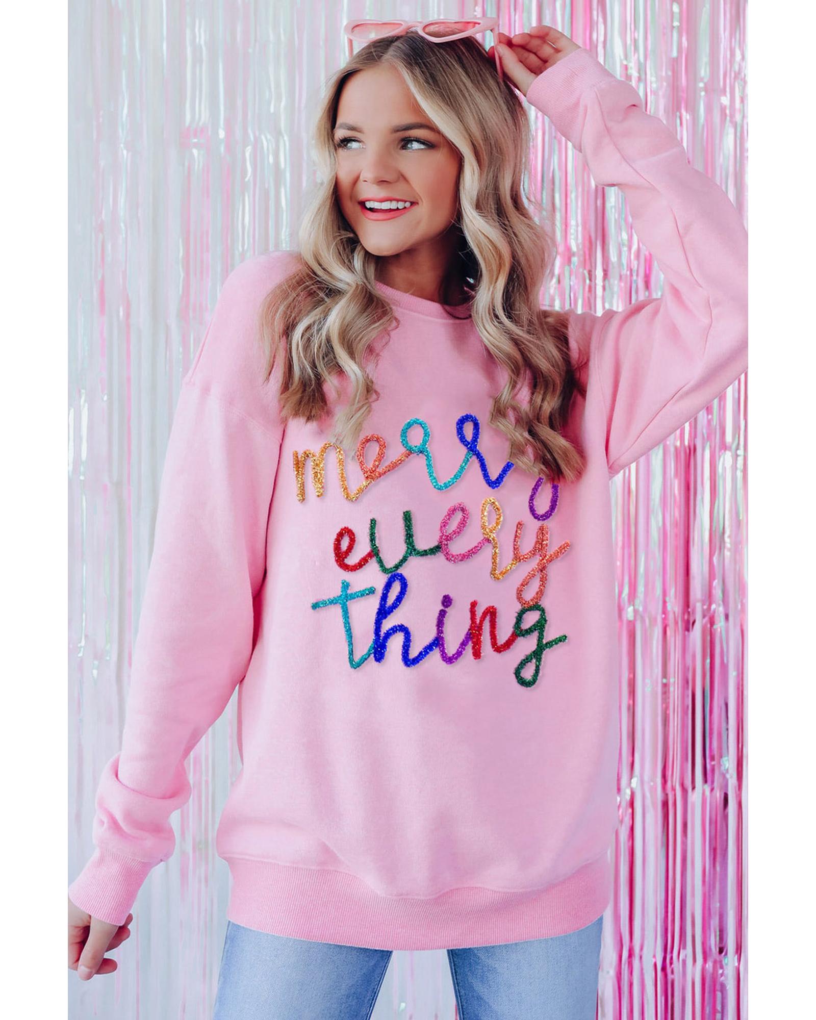 V539-AZEXDC25315292-P4010-S-202508271425-00 Peach Blossom Merry Every Thing Glitter Slogan Sweatshirt - S - Image 1