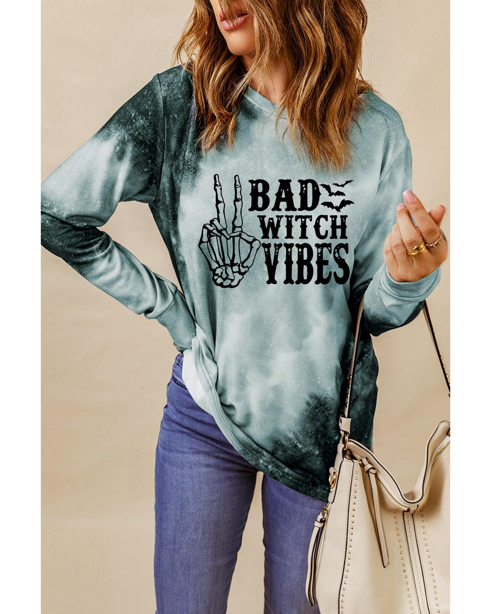 V539-AZEXDC25315335-11-XL-202506130041-00 Gray Tie Dye BAD WITCH VIBES Graphic Long Sleeve Top - XL - Image 1