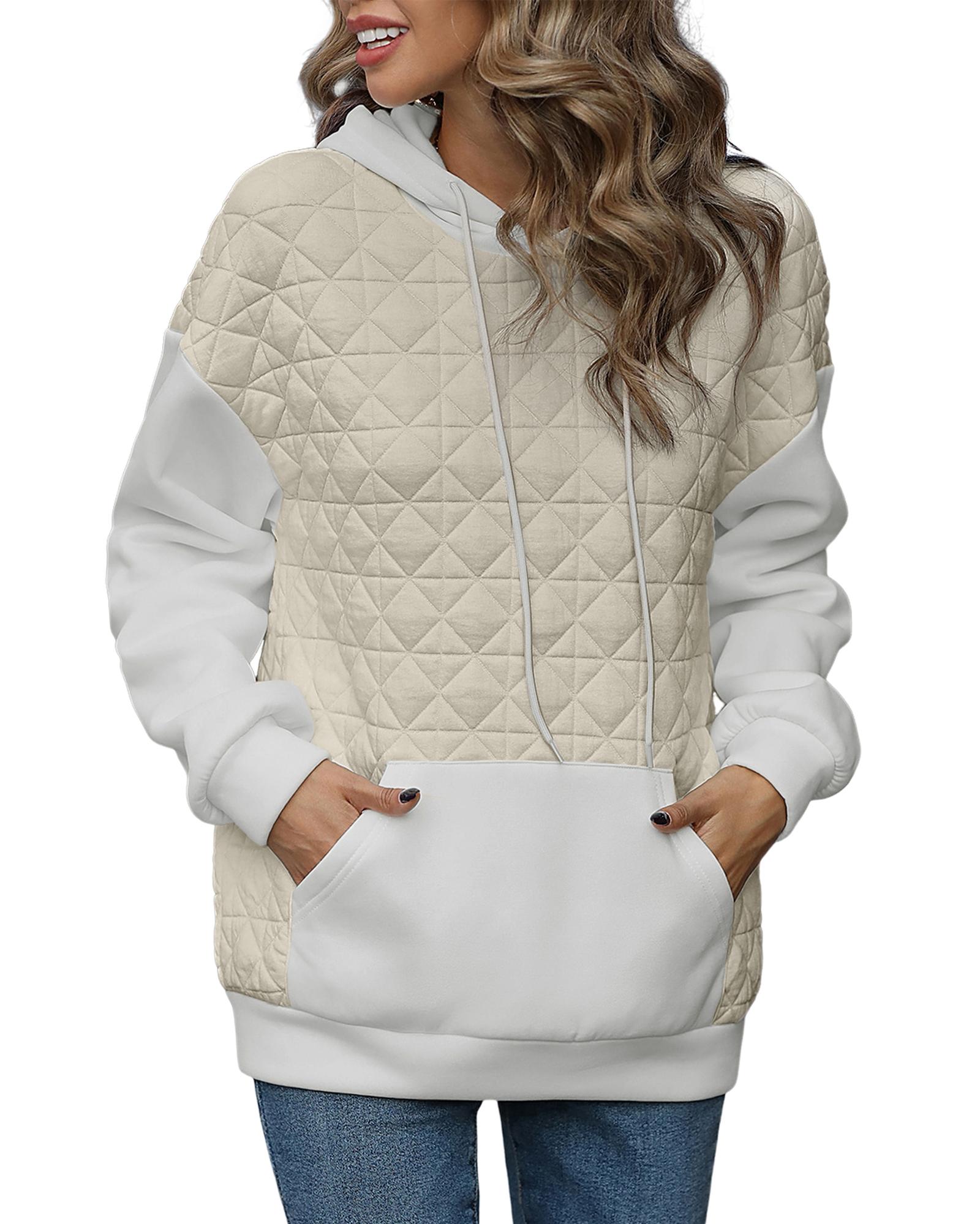 V539-AZEXDC25315649-P15-S-202508281530-00 Beige Drop Shoulder Quilted Patchwork Kangaroo Pocket Hoodie - S - Image 1