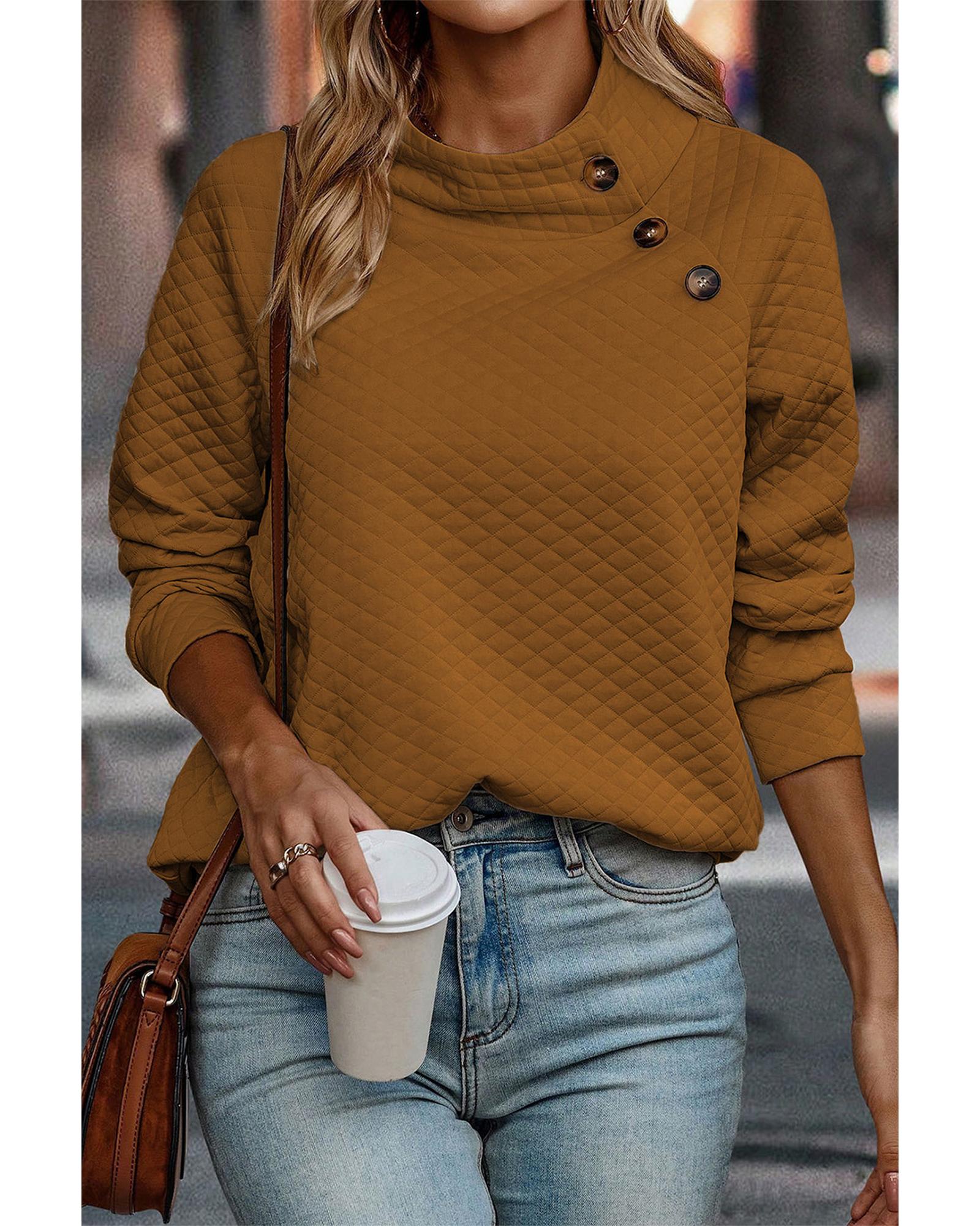 V539-AZEXDC25315658-P2017-M-202508280435-00 Chestnut Quilted Buttoned Neckline Stand Neck Pullover Sweatshirt - M - Image 1