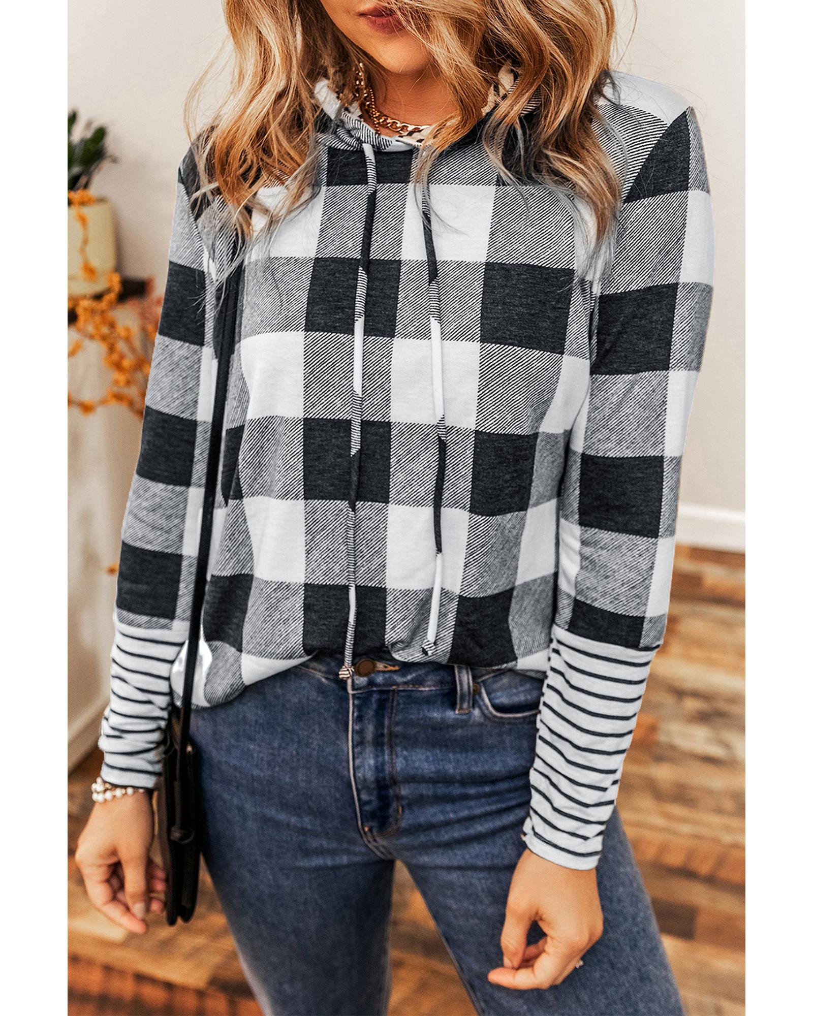 V539-AZEXDC25315679-P22-S-202506122045-00 Multicolour Plaid Striped Patchwork Drawstring Hoodie - S - Image 1
